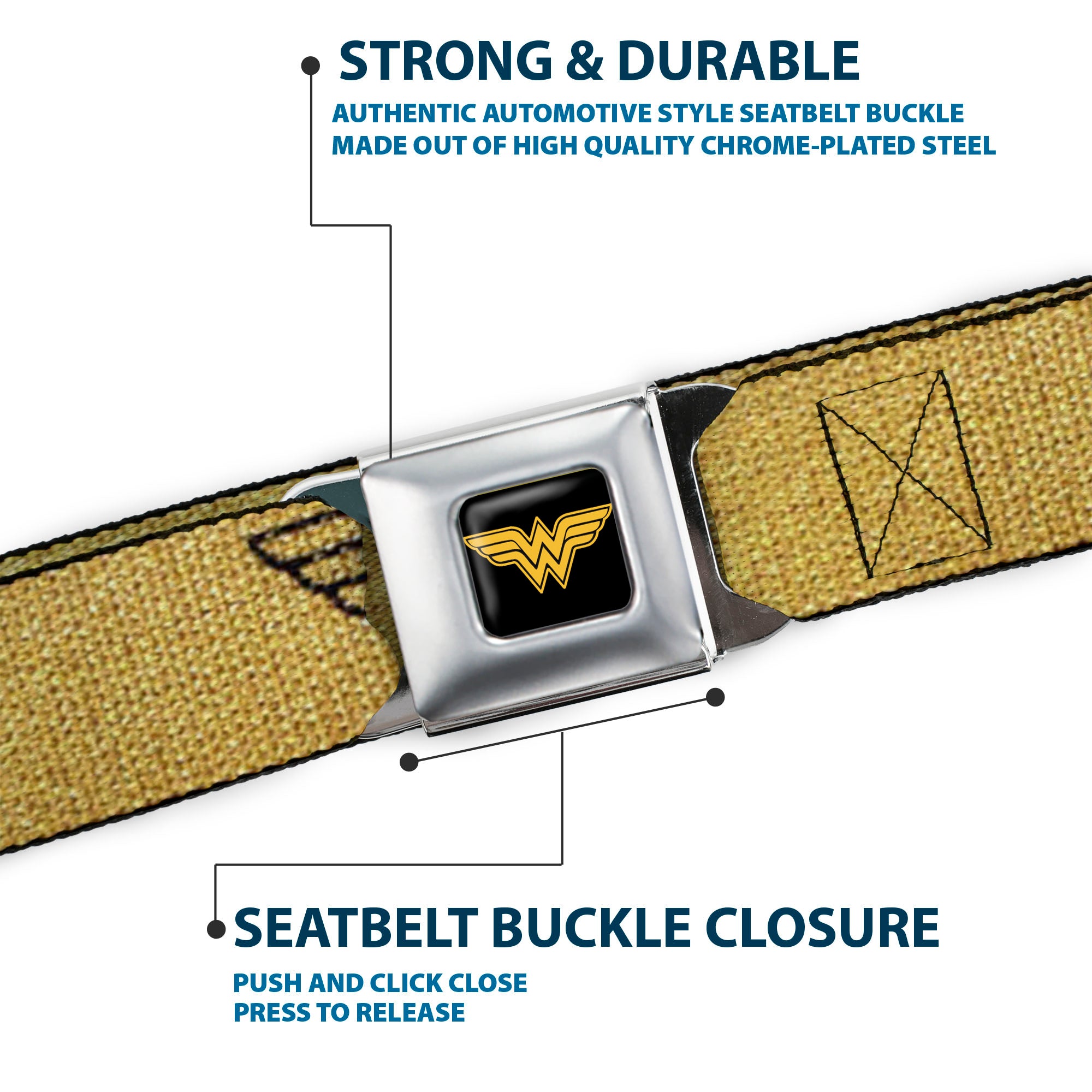 Wonder Woman Logo Reverse Brushed Black Gold Seatbelt Belt - Wonder Woman Logo Metallic Gold/Black Webbing Seatbelt Belts DC Comics
