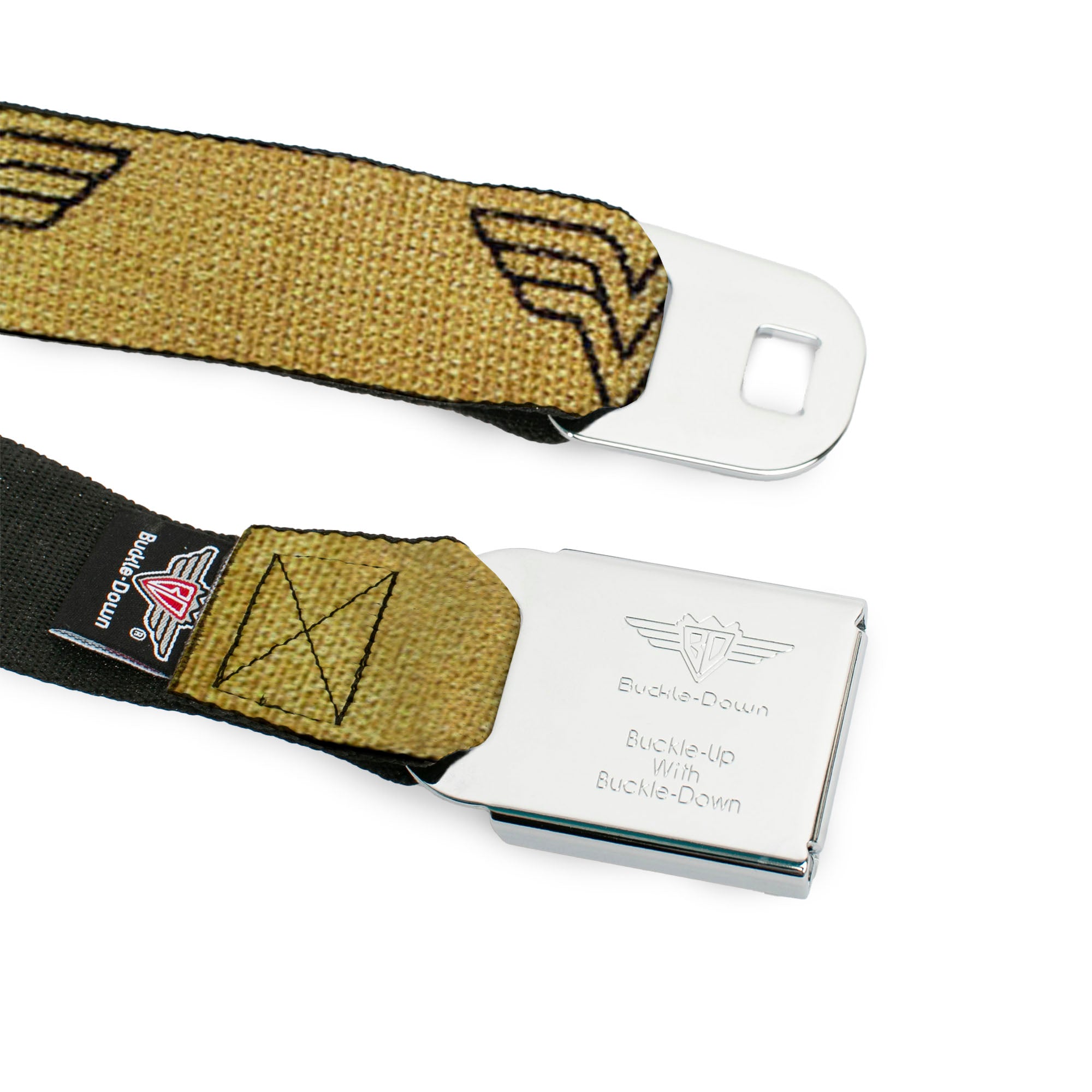 Wonder Woman Logo Reverse Brushed Black Gold Seatbelt Belt - Wonder Woman Logo Metallic Gold/Black Webbing Seatbelt Belts DC Comics