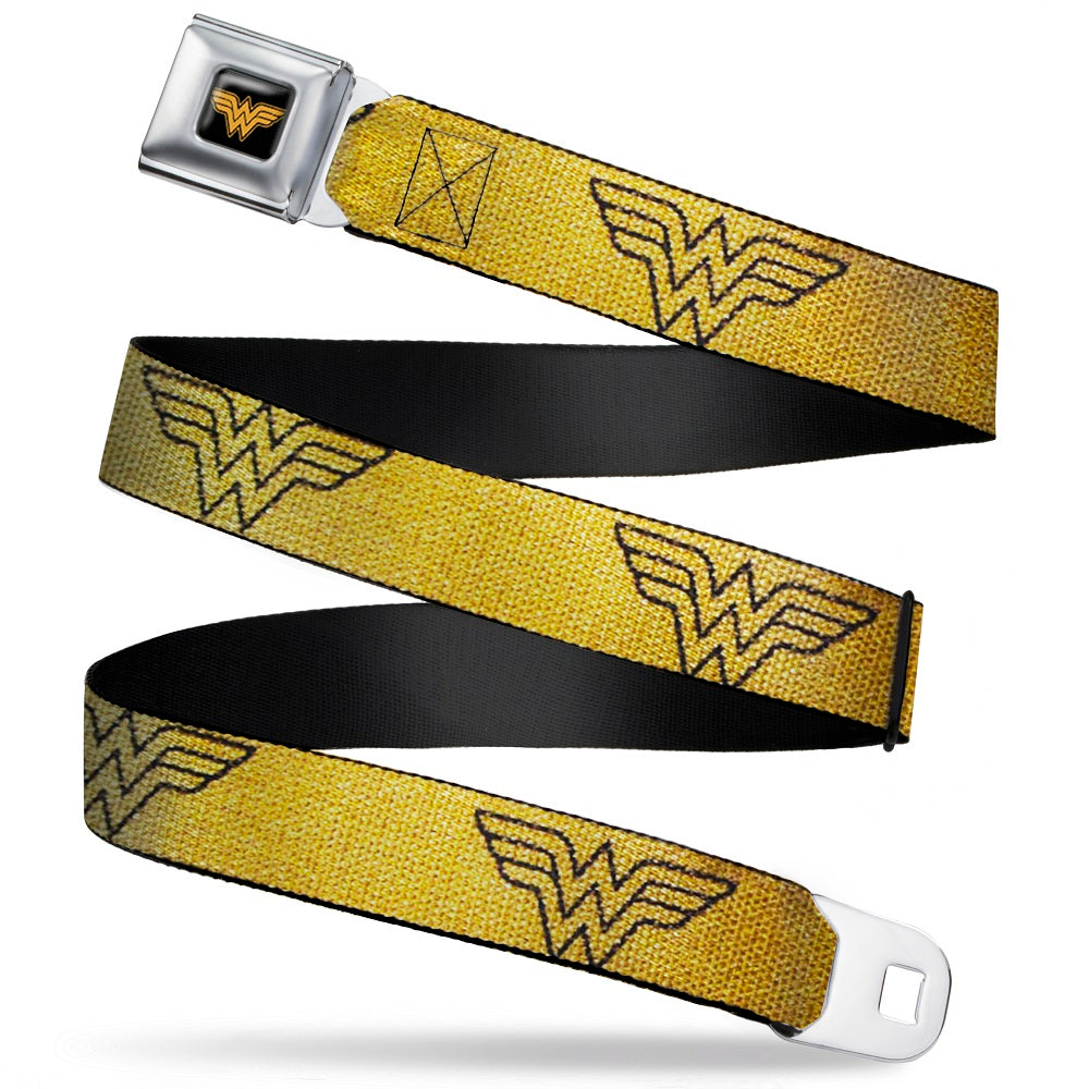 Wonder Woman Logo Reverse Brushed Black Gold Seatbelt Belt - Wonder Woman Logo Metallic Gold/Black Webbing Seatbelt Belts DC Comics