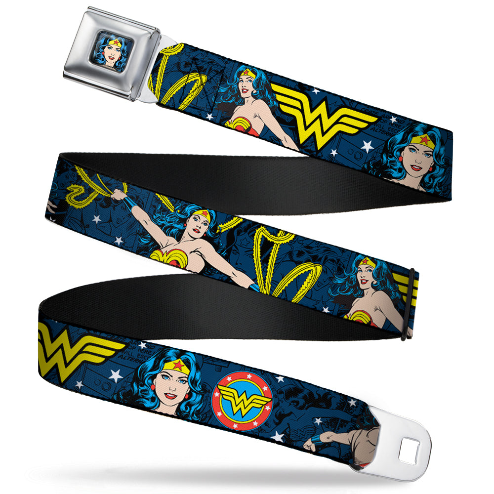 Wonder Woman Face Comic Full Color Blues Seatbelt Belt - Wonder Woman Face/Poses/Logos/Comic Scenes Blues/Yellow Webbing Seatbelt Belts DC Comics
