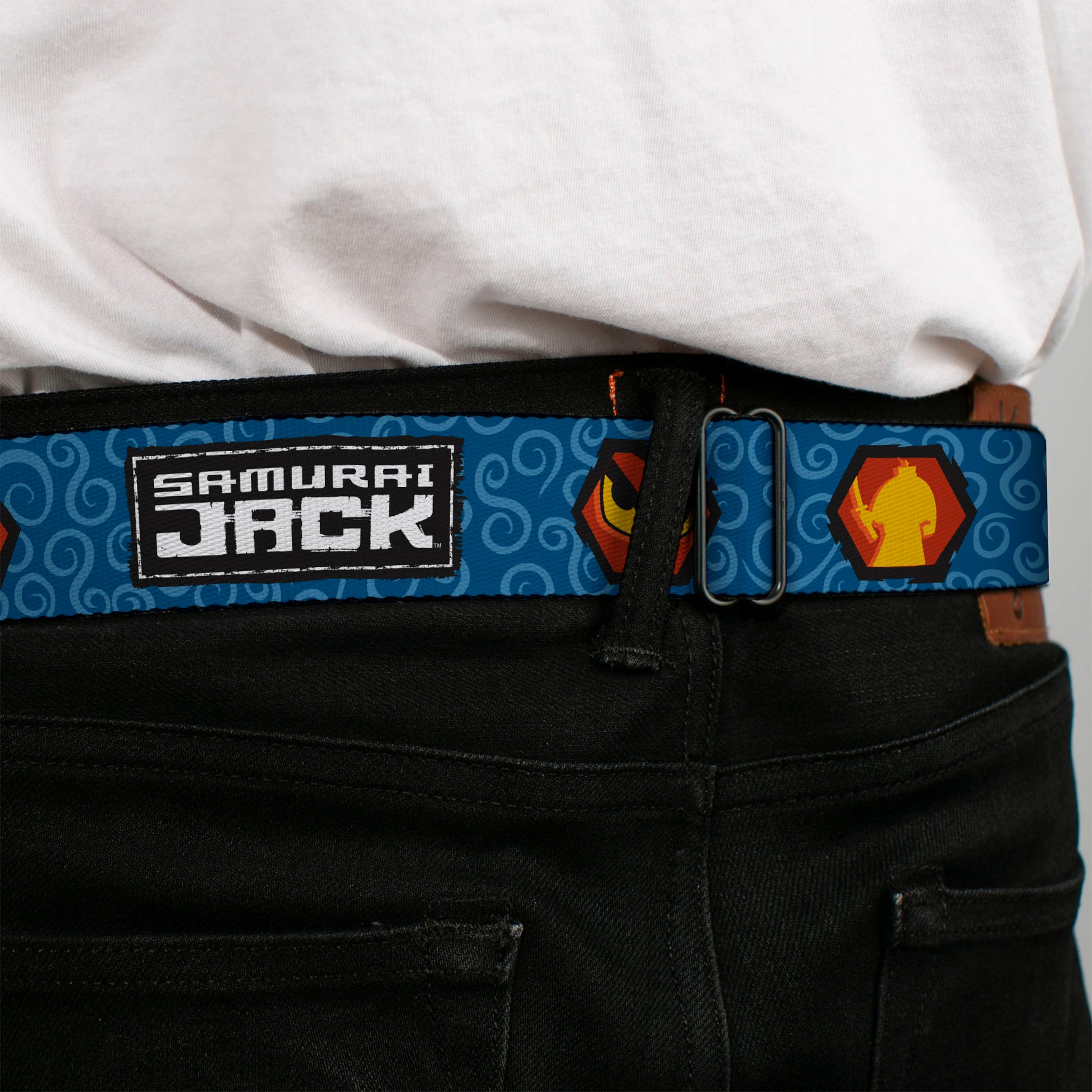 SAMURAI JACK Title Logo Full Color Black/White Seatbelt Belt - SAMURAI JACK Title Logo and Icons with Swirl Blues Webbing Seatbelt Belts Samurai Jack