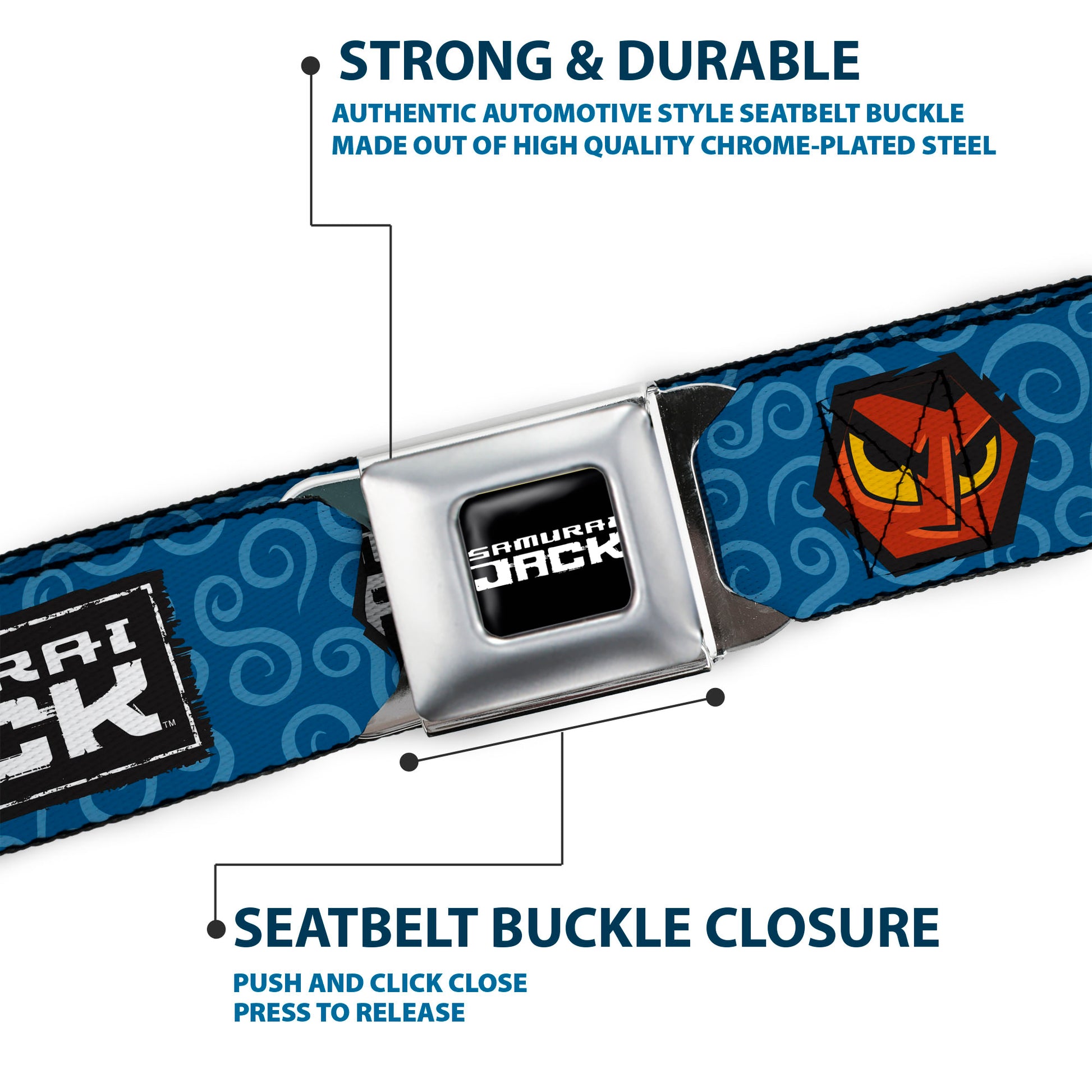 SAMURAI JACK Title Logo Full Color Black/White Seatbelt Belt - SAMURAI JACK Title Logo and Icons with Swirl Blues Webbing Seatbelt Belts Samurai Jack