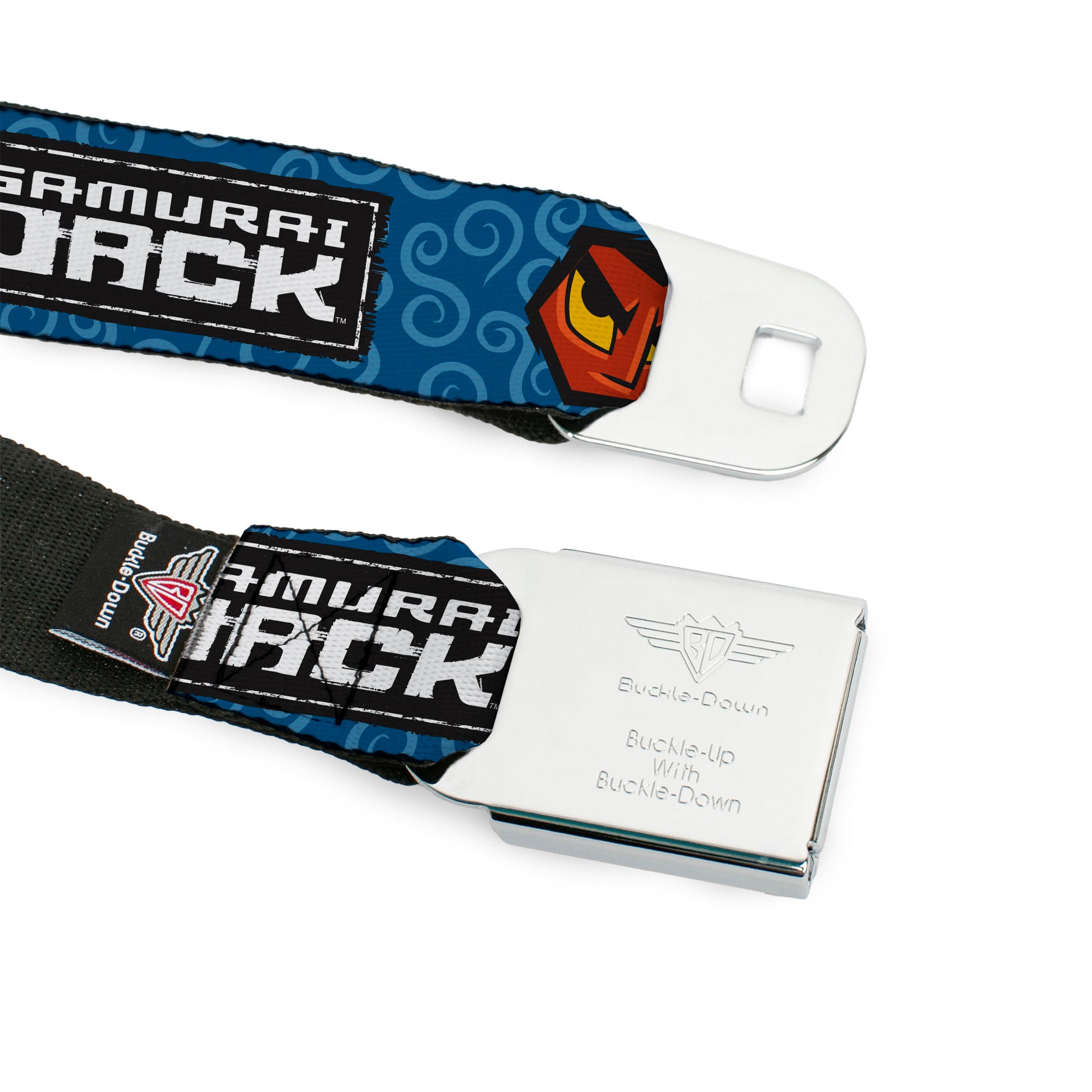 SAMURAI JACK Title Logo Full Color Black/White Seatbelt Belt - SAMURAI JACK Title Logo and Icons with Swirl Blues Webbing Seatbelt Belts Samurai Jack