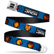 SAMURAI JACK Title Logo Full Color Black/White Seatbelt Belt - SAMURAI JACK Title Logo and Icons with Swirl Blues Webbing Seatbelt Belts Samurai Jack