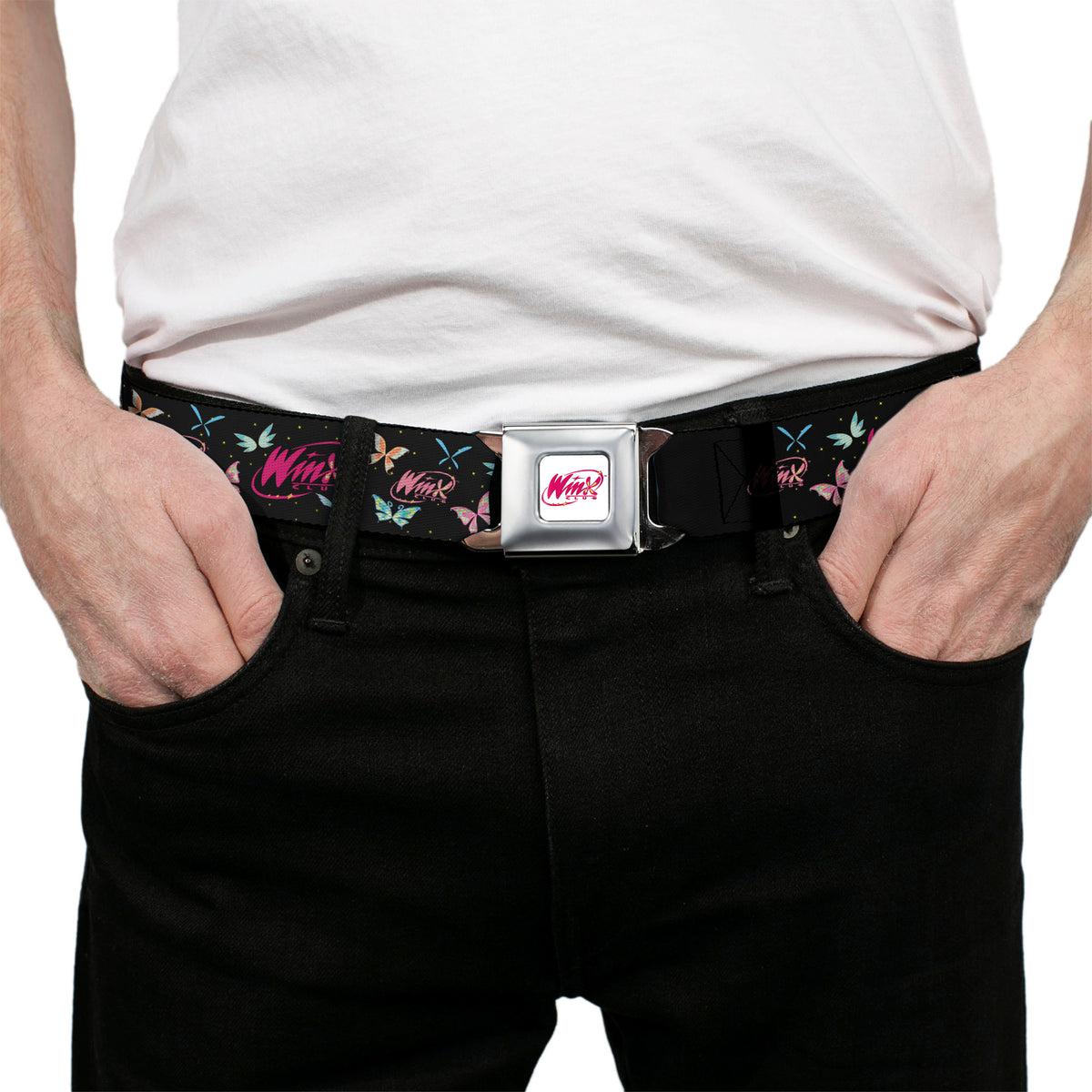 WINX CLUB Title Logo Full Color White/Pink Seatbelt Belt - WINX CLUB Title Logo Butterflies Black/Multi Color Webbing