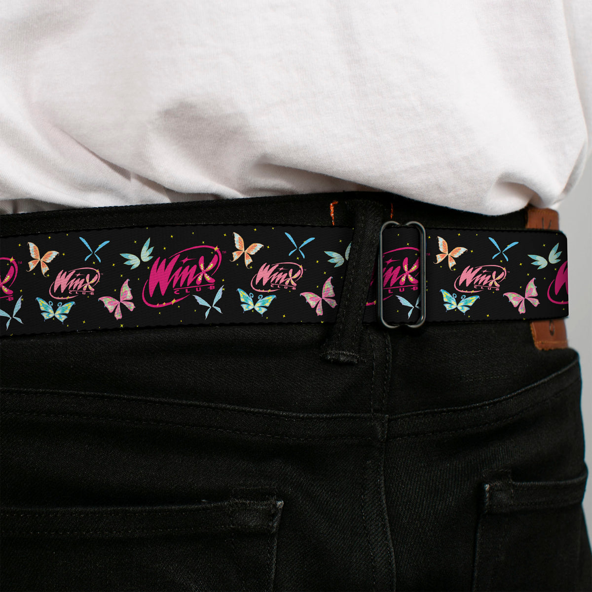 WINX CLUB Title Logo Full Color White/Pink Seatbelt Belt - WINX CLUB Title Logo Butterflies Black/Multi Color Webbing