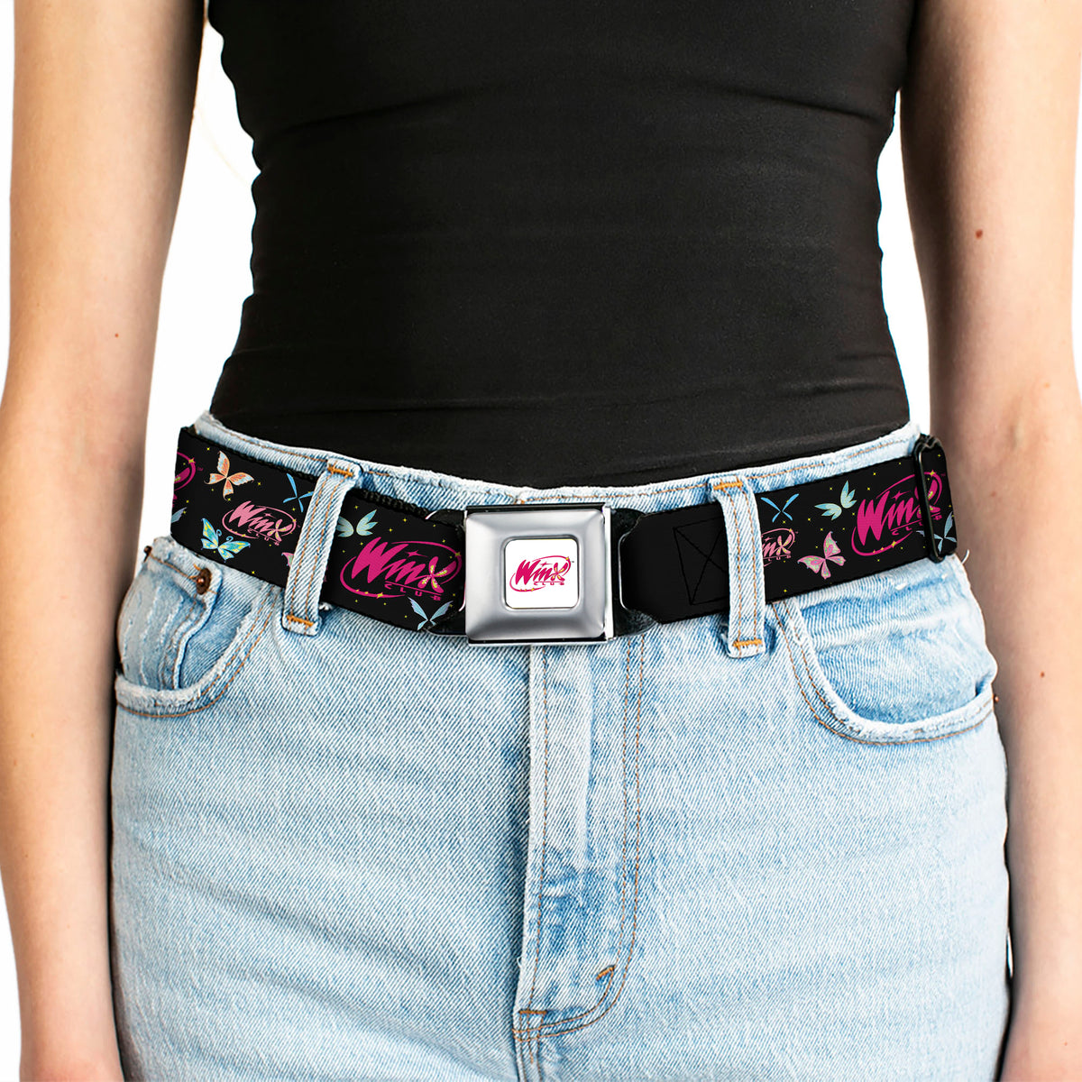 WINX CLUB Title Logo Full Color White/Pink Seatbelt Belt - WINX CLUB Title Logo Butterflies Black/Multi Color Webbing