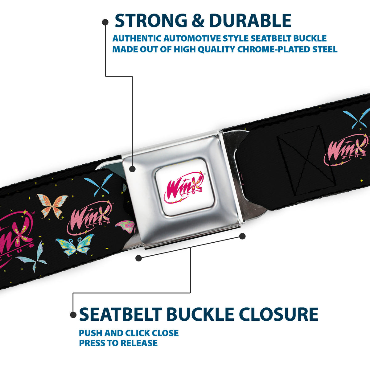 WINX CLUB Title Logo Full Color White/Pink Seatbelt Belt - WINX CLUB Title Logo Butterflies Black/Multi Color Webbing