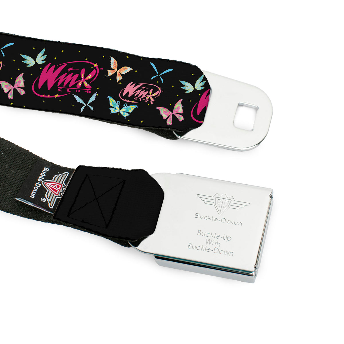WINX CLUB Title Logo Full Color White/Pink Seatbelt Belt - WINX CLUB Title Logo Butterflies Black/Multi Color Webbing