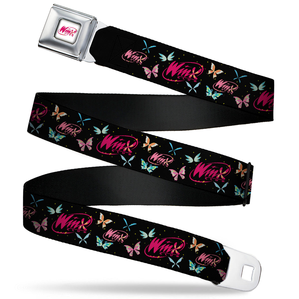 WINX CLUB Title Logo Full Color White/Pink Seatbelt Belt - WINX CLUB Title Logo Butterflies Black/Multi Color Webbing