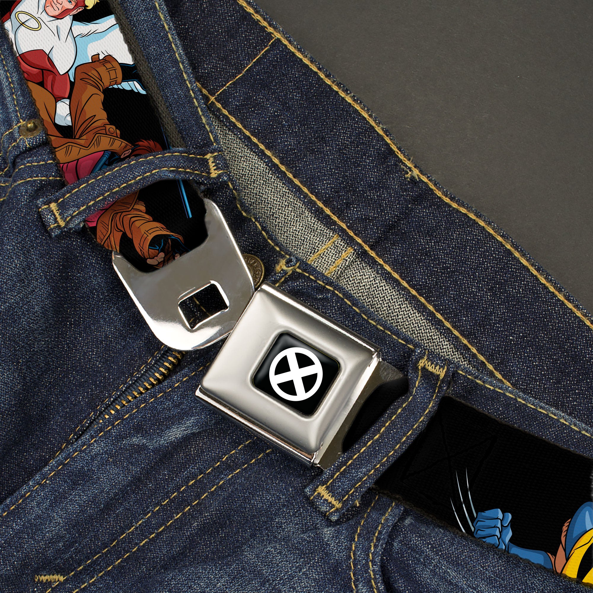X-Men Logo Full Color Black/White Seatbelt Belt - X-Men Ten Team Members Poses Black Webbing