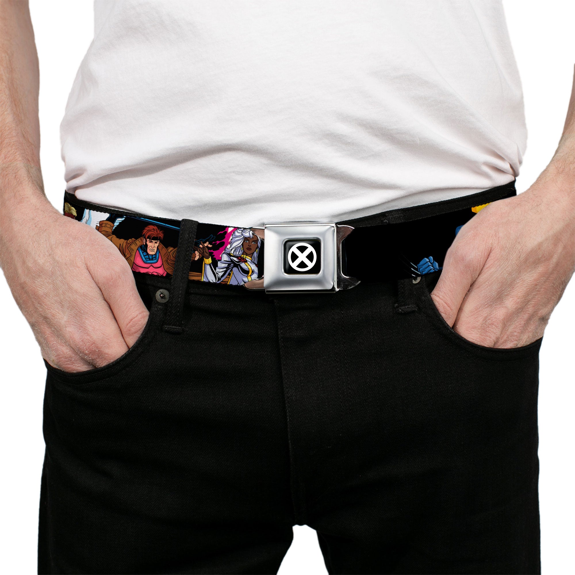X-Men Logo Full Color Black/White Seatbelt Belt - X-Men Ten Team Members Poses Black Webbing