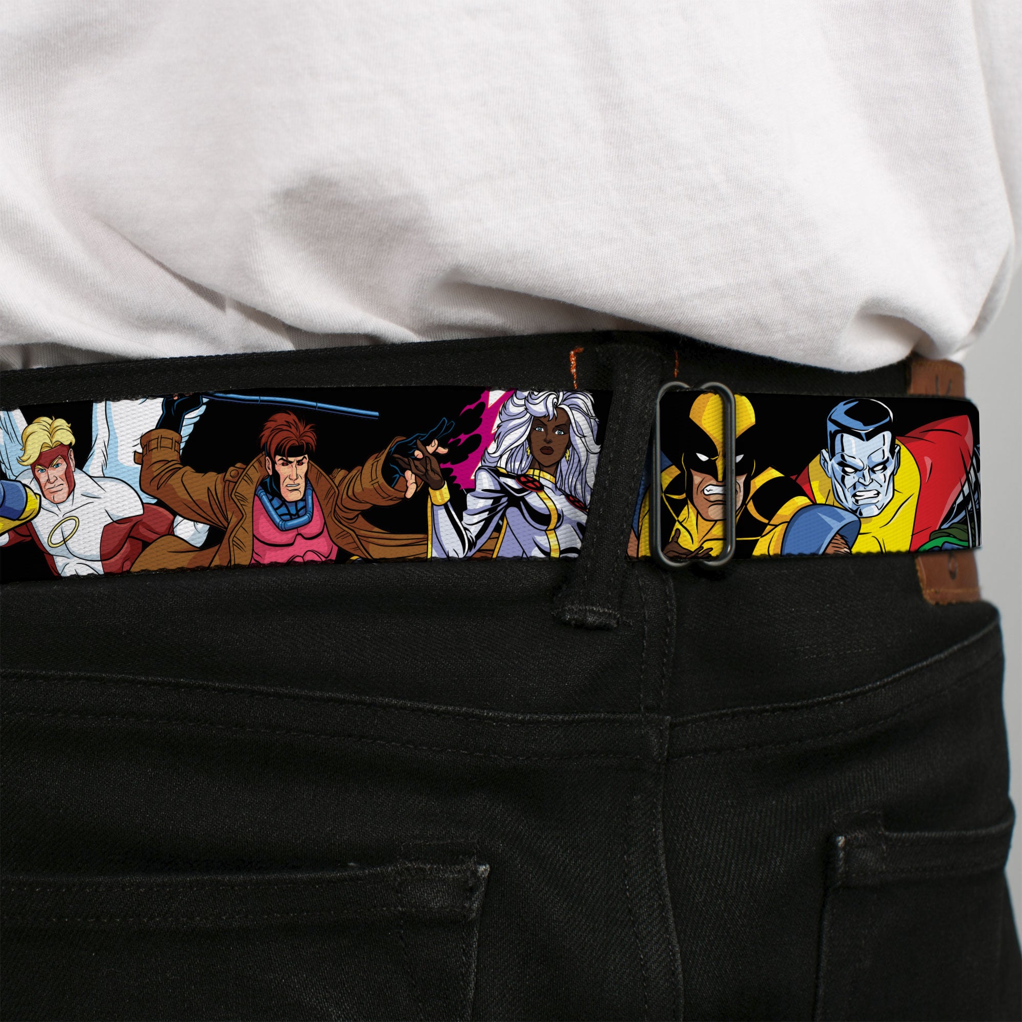 X-Men Logo Full Color Black/White Seatbelt Belt - X-Men Ten Team Members Poses Black Webbing