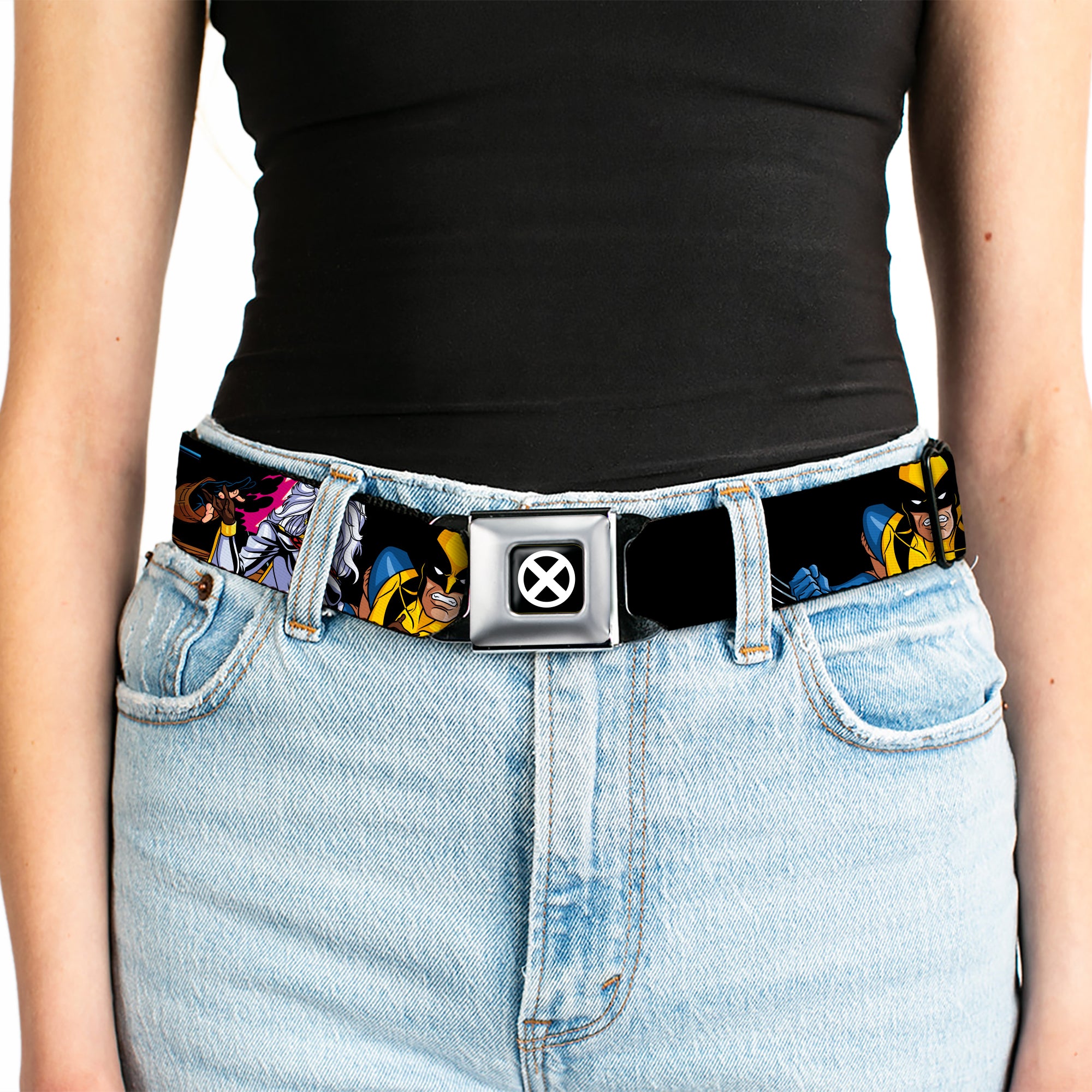 X-Men Logo Full Color Black/White Seatbelt Belt - X-Men Ten Team Members Poses Black Webbing