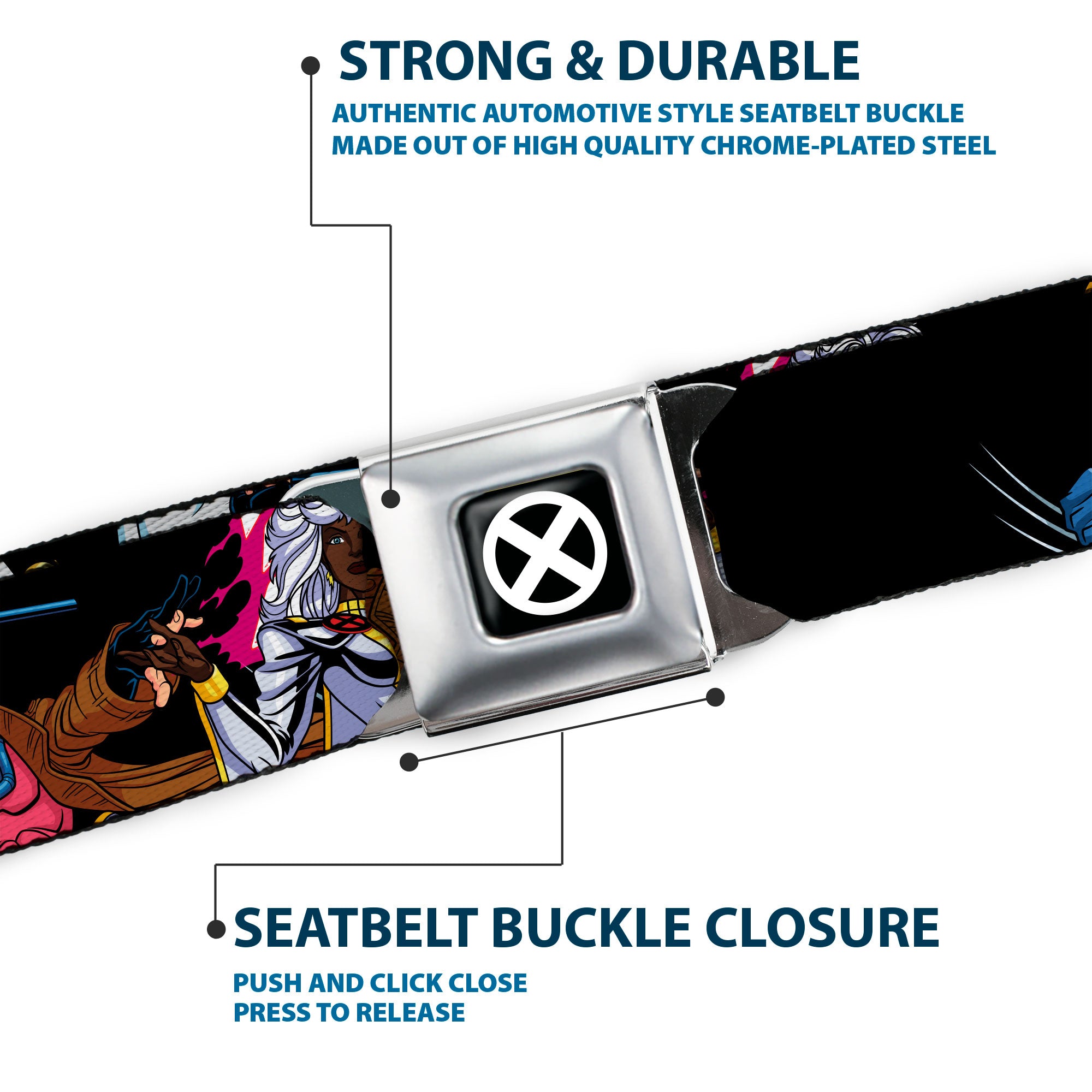 X-Men Logo Full Color Black/White Seatbelt Belt - X-Men Ten Team Members Poses Black Webbing