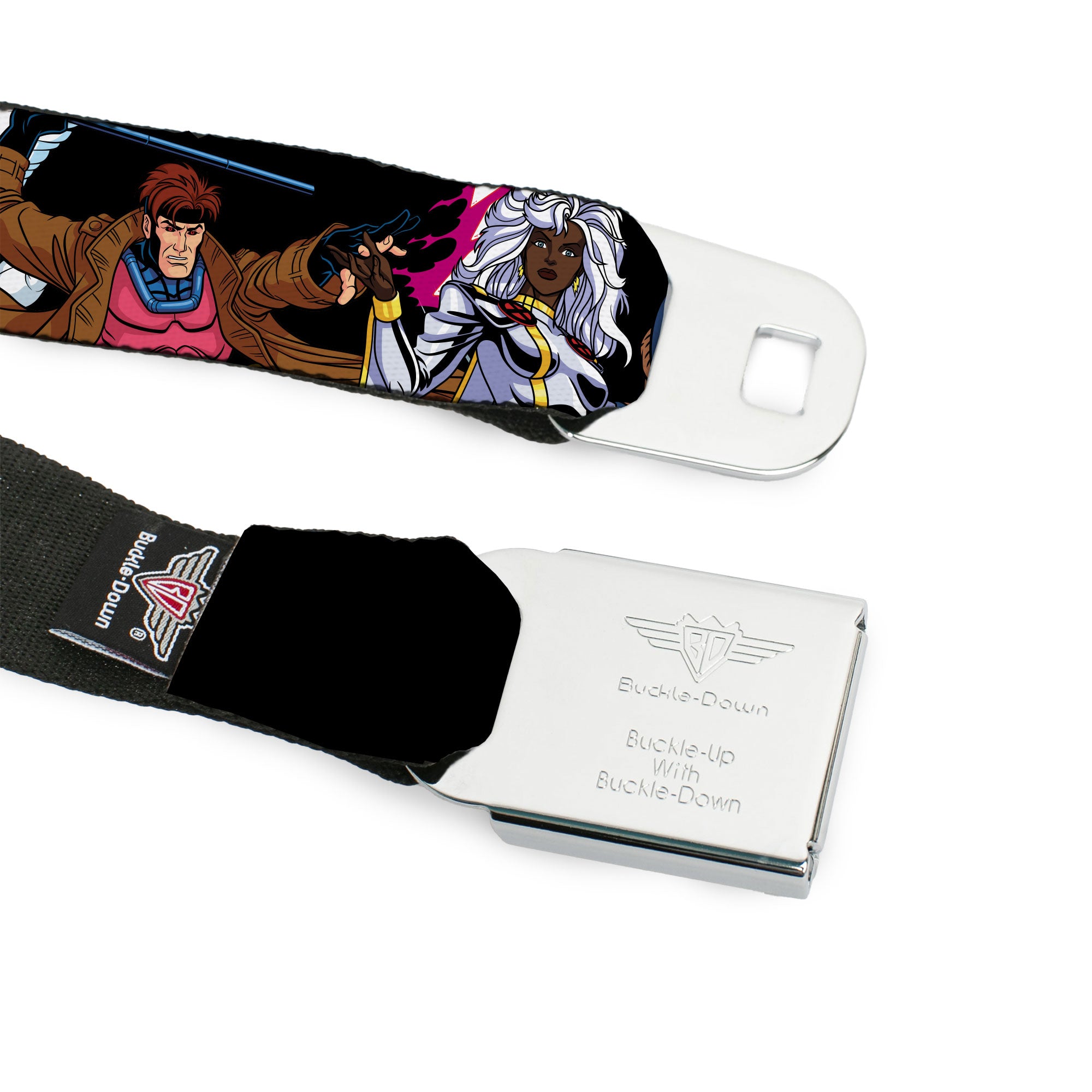 X-Men Logo Full Color Black/White Seatbelt Belt - X-Men Ten Team Members Poses Black Webbing