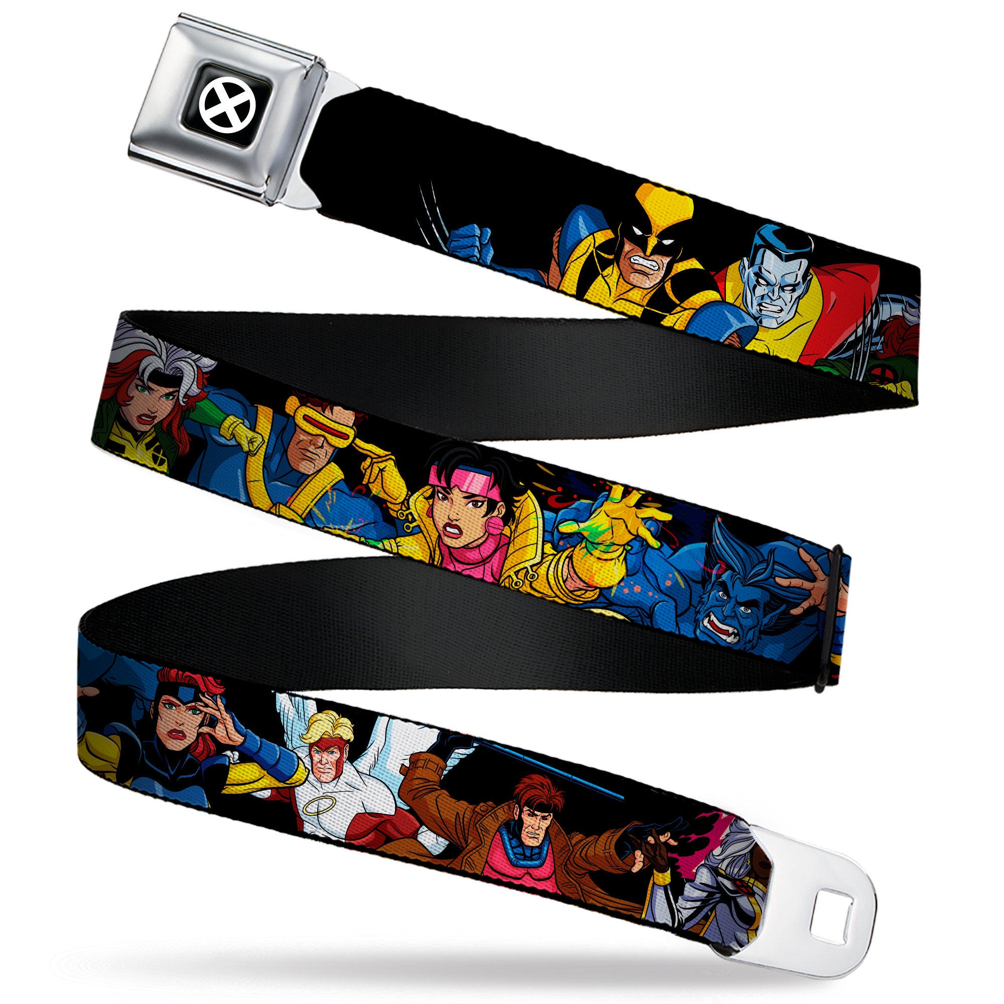 X-Men Logo Full Color Black/White Seatbelt Belt - X-Men Ten Team Members Poses Black Webbing
