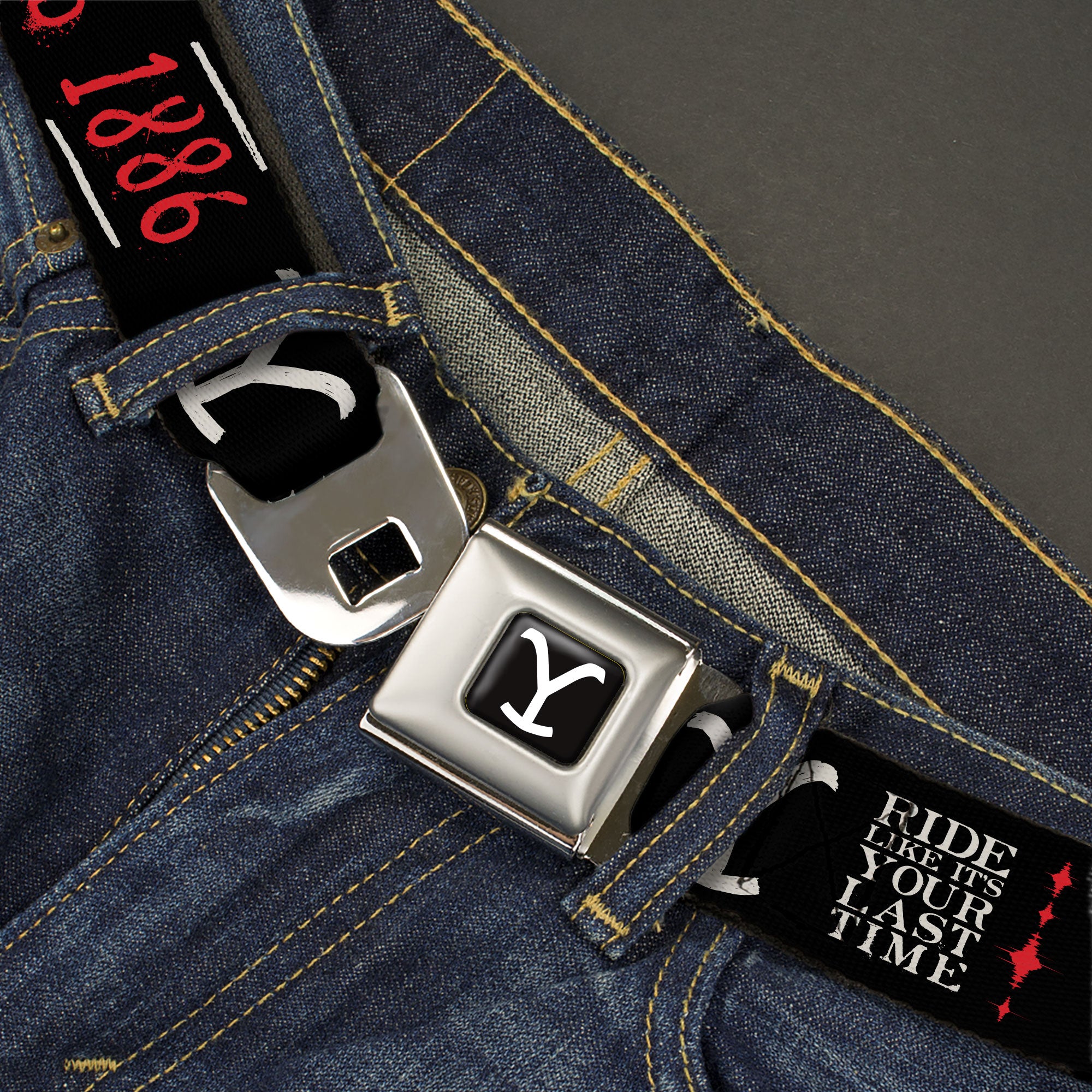 Yellowstone Y Logo Full Color Black/White Seatbelt Belt - YELLOWSTONE Dutton Ranch 1886 Icons Black/White/Red Webbing Seatbelt Belts Yellowstone