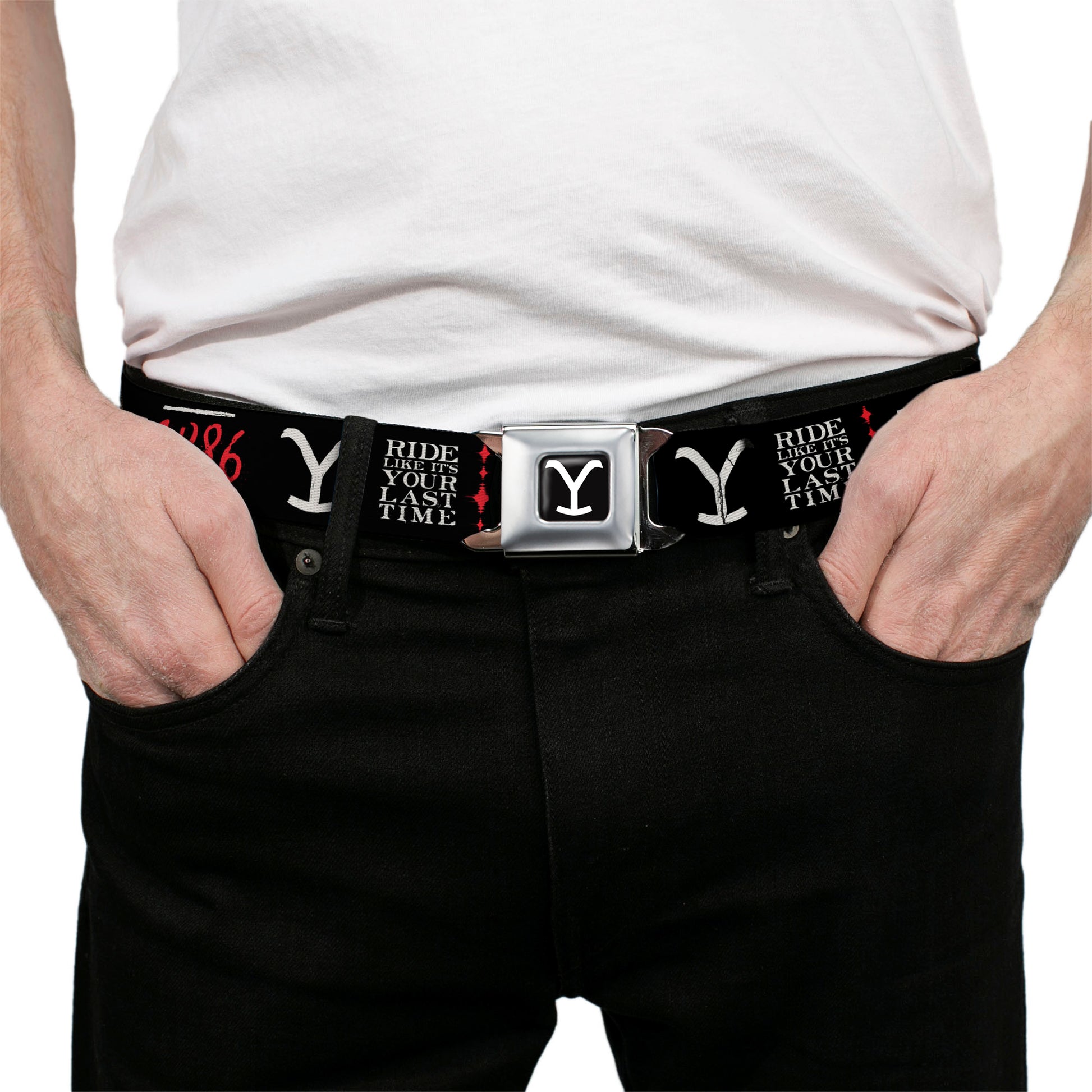 Yellowstone Y Logo Full Color Black/White Seatbelt Belt - YELLOWSTONE Dutton Ranch 1886 Icons Black/White/Red Webbing Seatbelt Belts Yellowstone