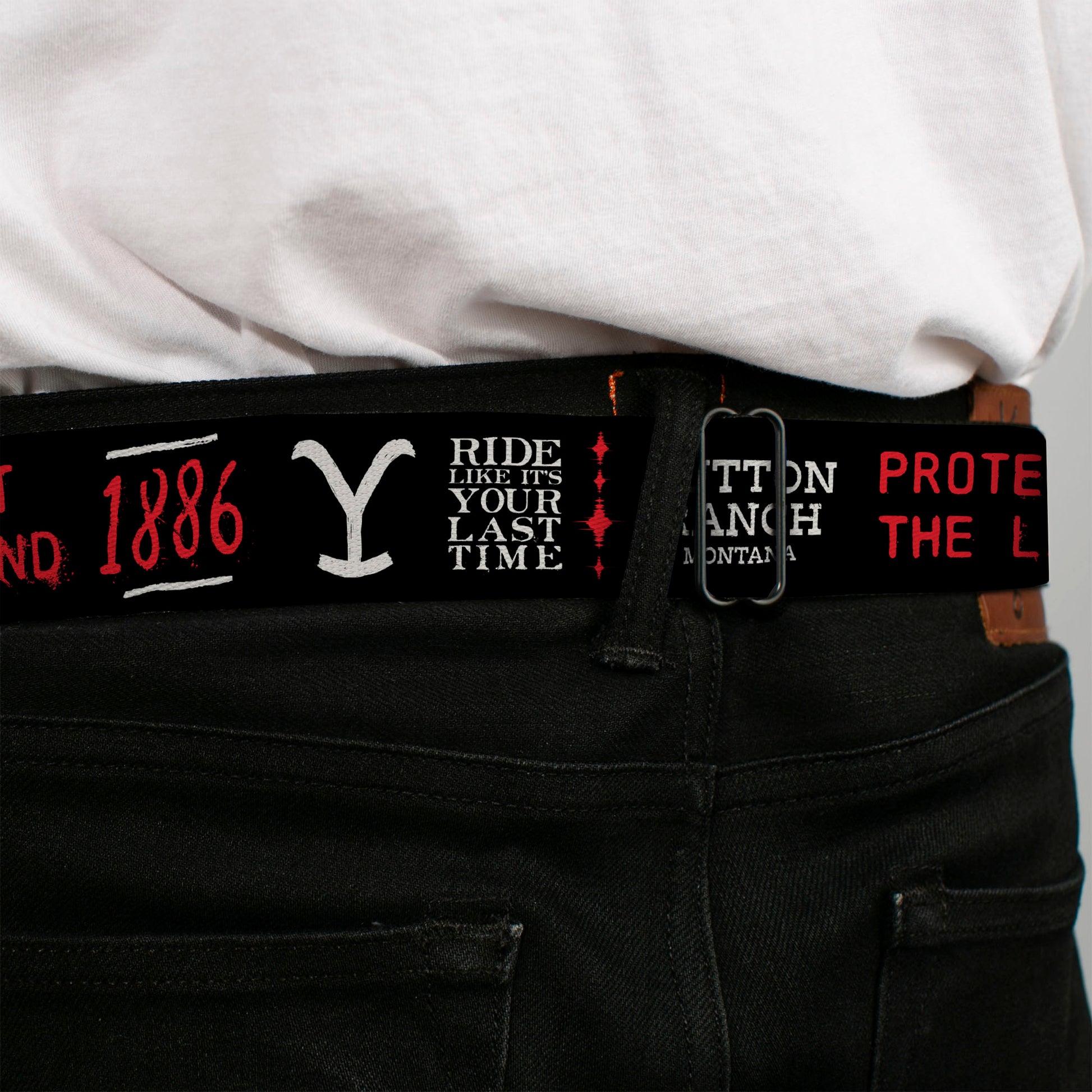 Yellowstone Y Logo Full Color Black/White Seatbelt Belt - YELLOWSTONE Dutton Ranch 1886 Icons Black/White/Red Webbing Seatbelt Belts Yellowstone