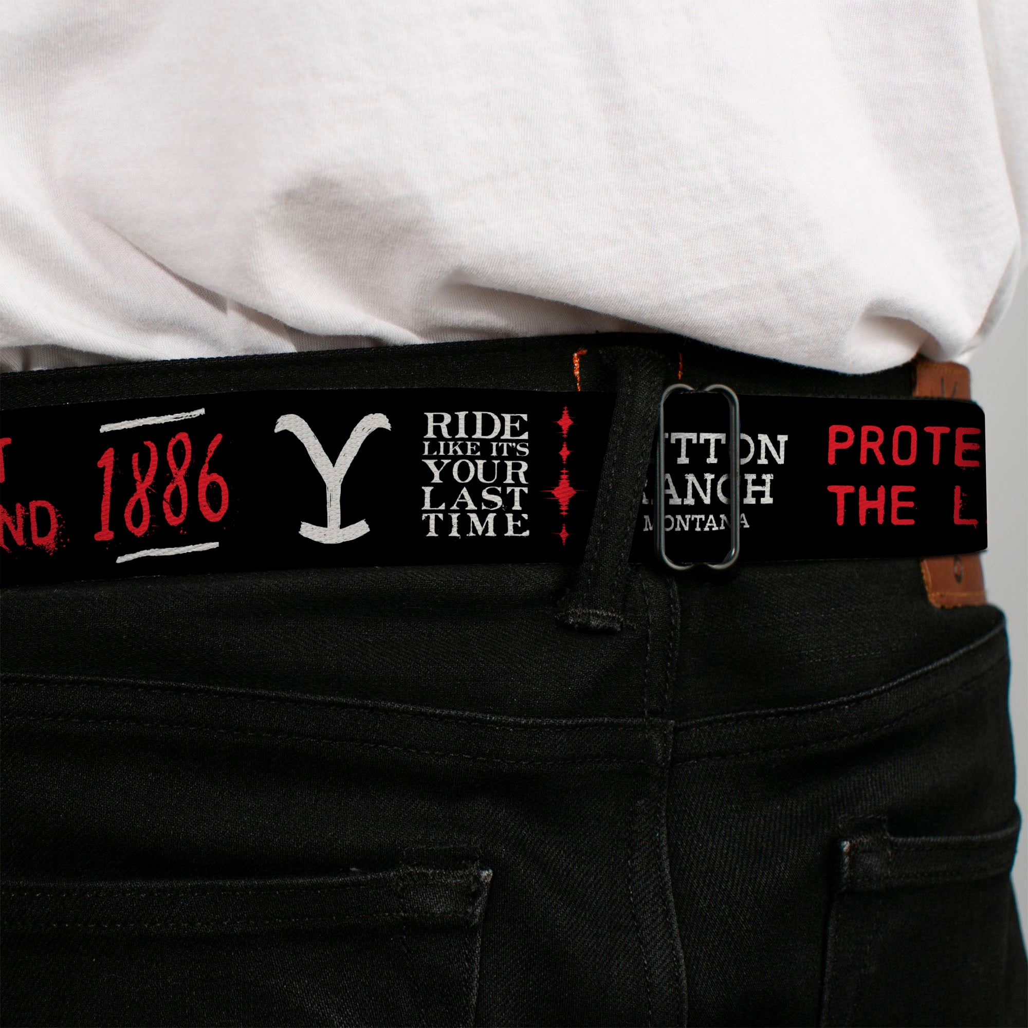 Yellowstone Y Logo Full Color Black/White Seatbelt Belt - YELLOWSTONE Dutton Ranch 1886 Icons Black/White/Red Webbing Seatbelt Belts Yellowstone
