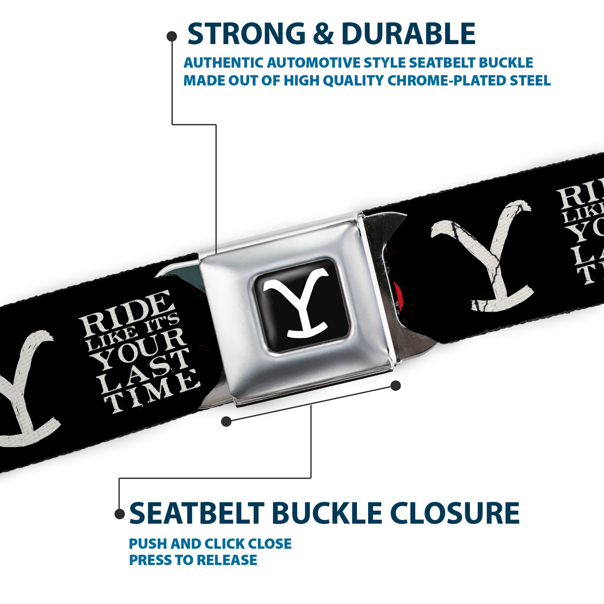 Yellowstone Y Logo Full Color Black/White Seatbelt Belt - YELLOWSTONE Dutton Ranch 1886 Icons Black/White/Red Webbing Seatbelt Belts Yellowstone
