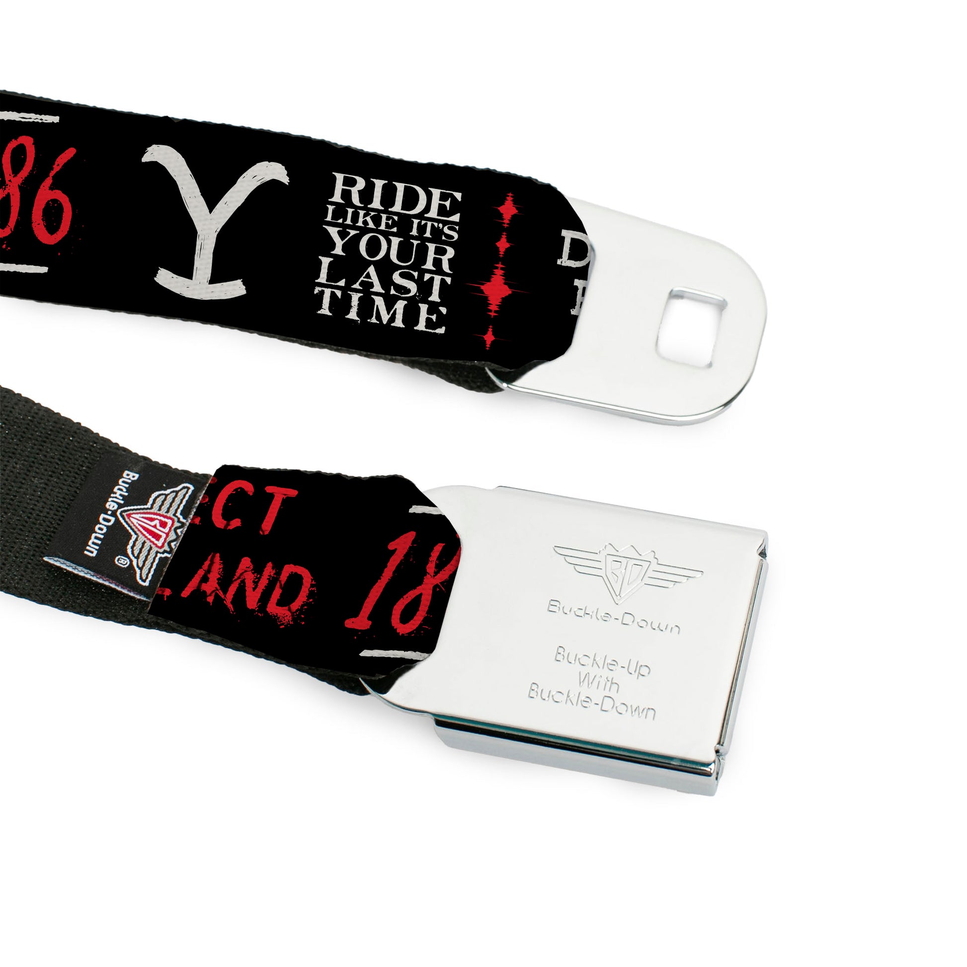 Yellowstone Y Logo Full Color Black/White Seatbelt Belt - YELLOWSTONE Dutton Ranch 1886 Icons Black/White/Red Webbing Seatbelt Belts Yellowstone
