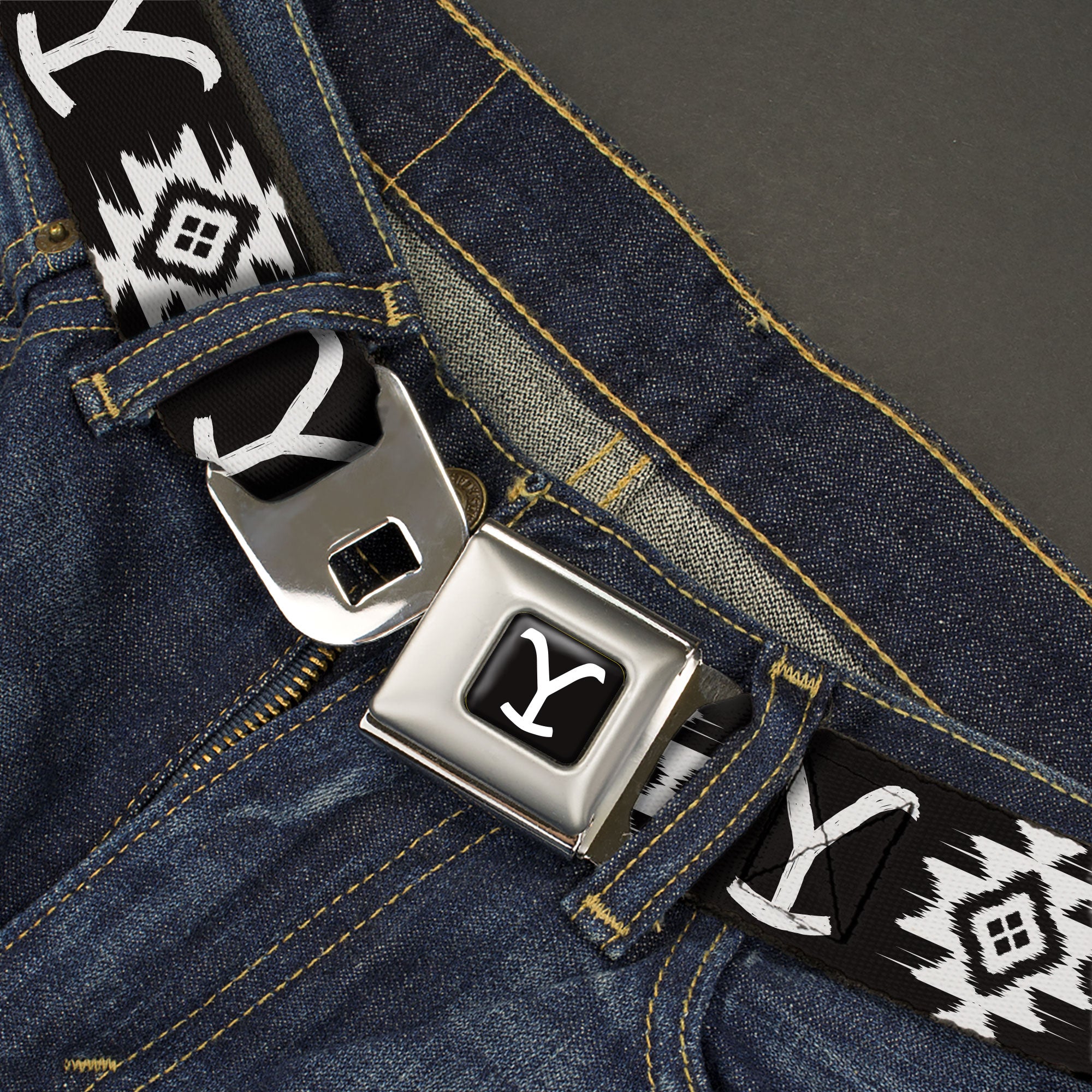 Yellowstone Y Logo Full Color Black/White Seatbelt Belt - Yellowstone Dutton Ranch and Native American Icons Black/White Webbing Seatbelt Belts Yellowstone