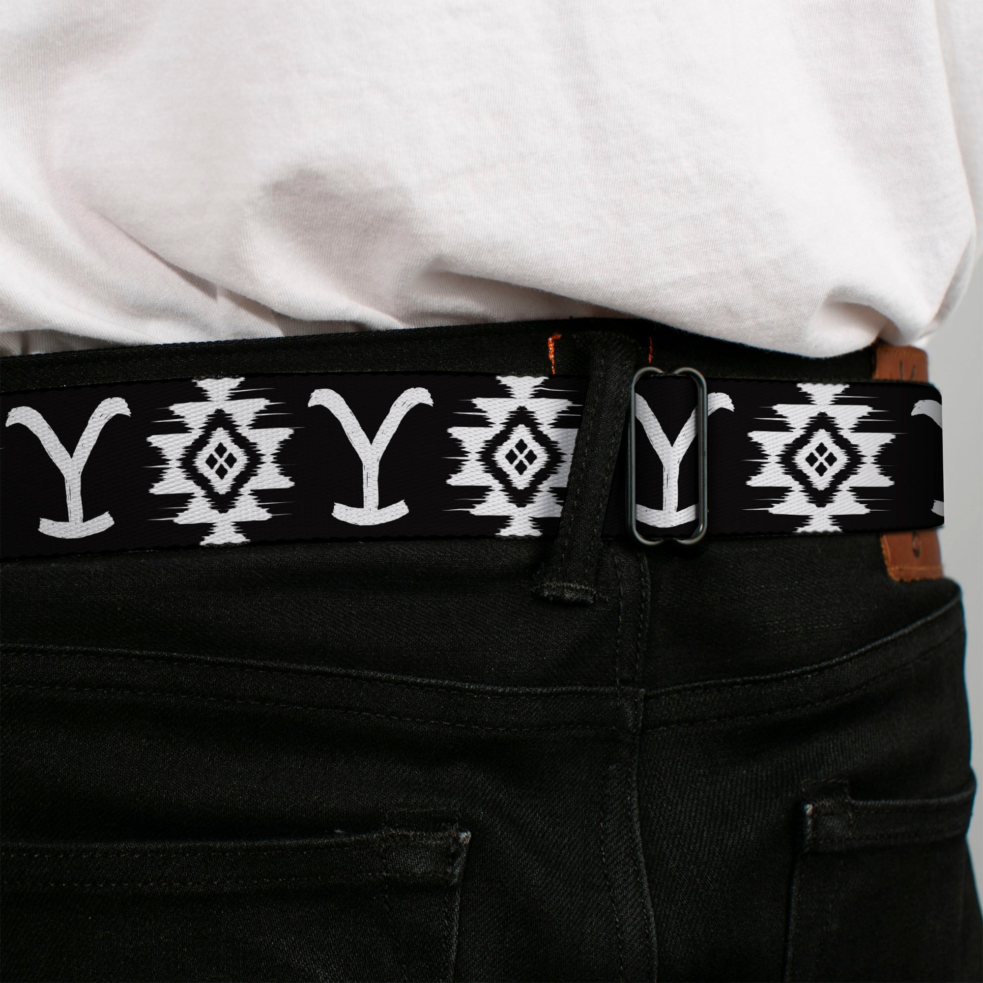 Yellowstone Y Logo Full Color Black/White Seatbelt Belt - Yellowstone Dutton Ranch and Native American Icons Black/White Webbing Seatbelt Belts Yellowstone
