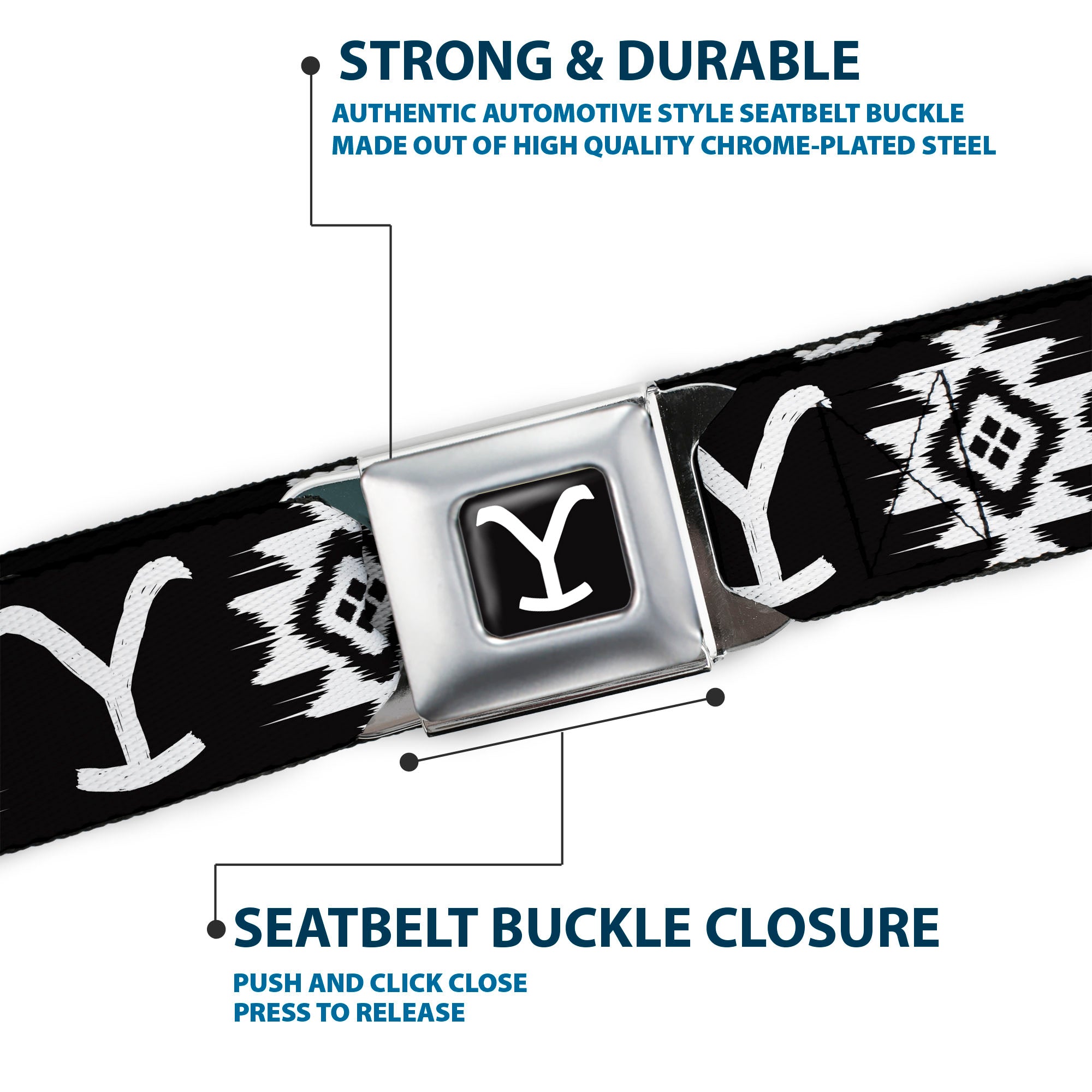 Yellowstone Y Logo Full Color Black/White Seatbelt Belt - Yellowstone Dutton Ranch and Native American Icons Black/White Webbing Seatbelt Belts Yellowstone