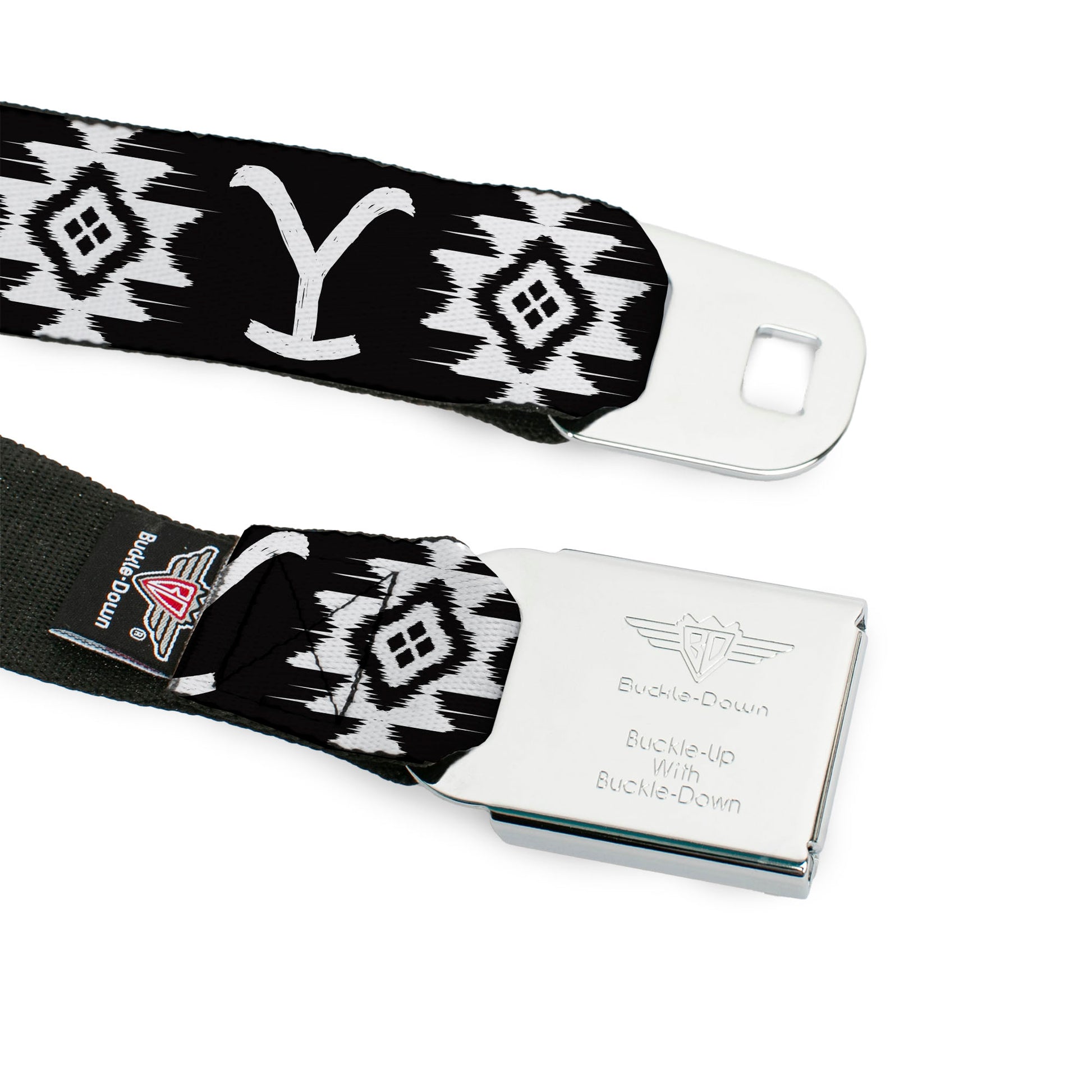 Yellowstone Y Logo Full Color Black/White Seatbelt Belt - Yellowstone Dutton Ranch and Native American Icons Black/White Webbing Seatbelt Belts Yellowstone
