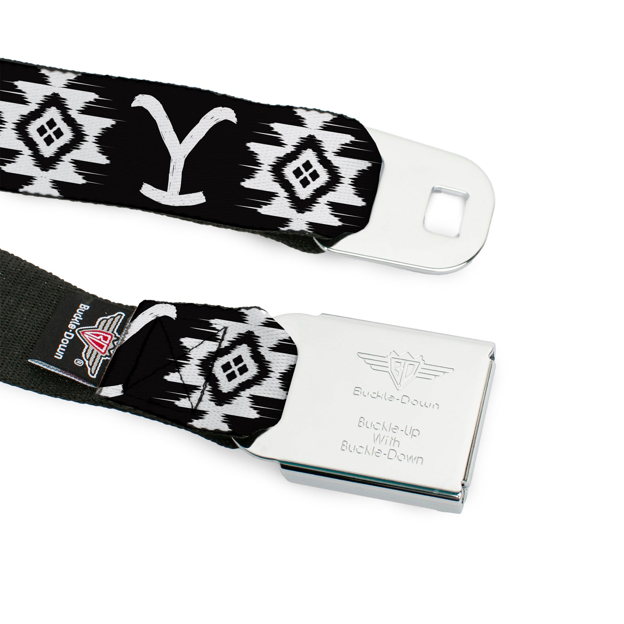 Yellowstone Y Logo Full Color Black/White Seatbelt Belt - Yellowstone Dutton Ranch and Native American Icons Black/White Webbing Seatbelt Belts Yellowstone