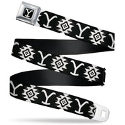 Yellowstone Y Logo Full Color Black/White Seatbelt Belt - Yellowstone Dutton Ranch and Native American Icons Black/White Webbing Seatbelt Belts Yellowstone