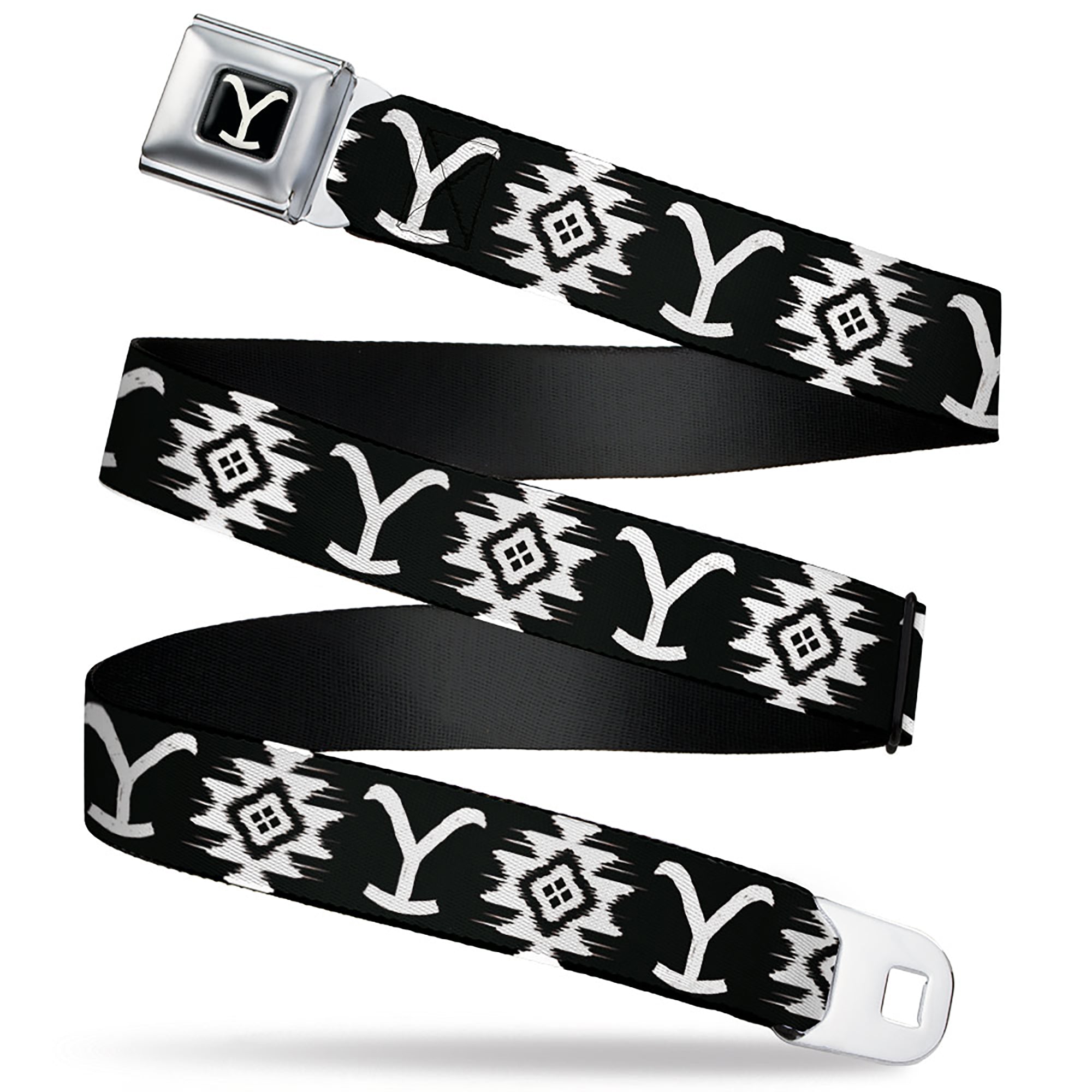 Yellowstone Y Logo Full Color Black/White Seatbelt Belt - Yellowstone Dutton Ranch and Native American Icons Black/White Webbing Seatbelt Belts Yellowstone