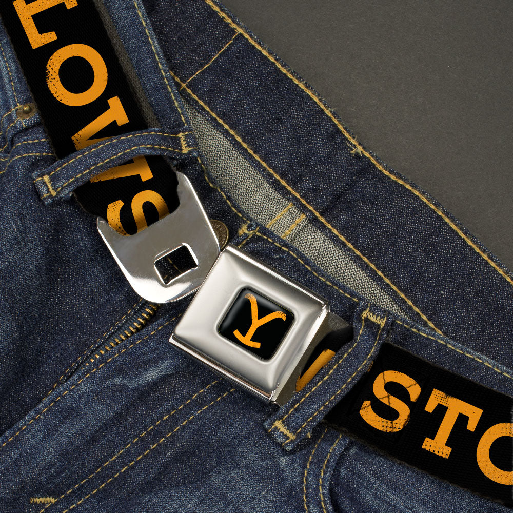 Yellowstone Y Logo Full Color Black/Orange Seatbelt Belt - YELLOWSTONE Text and Y Logo Weathered Black/Orange Webbing Seatbelt Belts Yellowstone