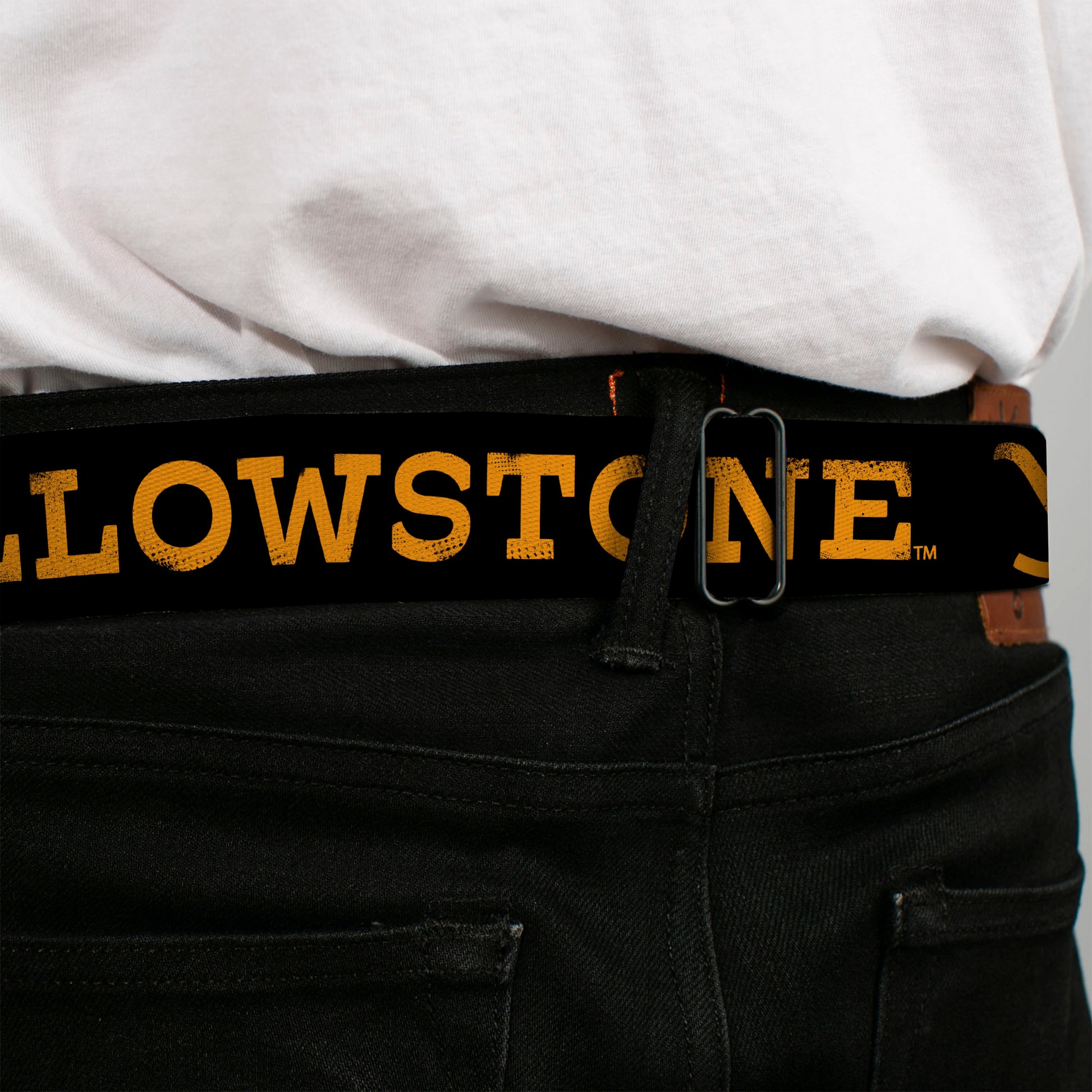 Yellowstone Y Logo Full Color Black/Orange Seatbelt Belt - YELLOWSTONE Text and Y Logo Weathered Black/Orange Webbing Seatbelt Belts Yellowstone