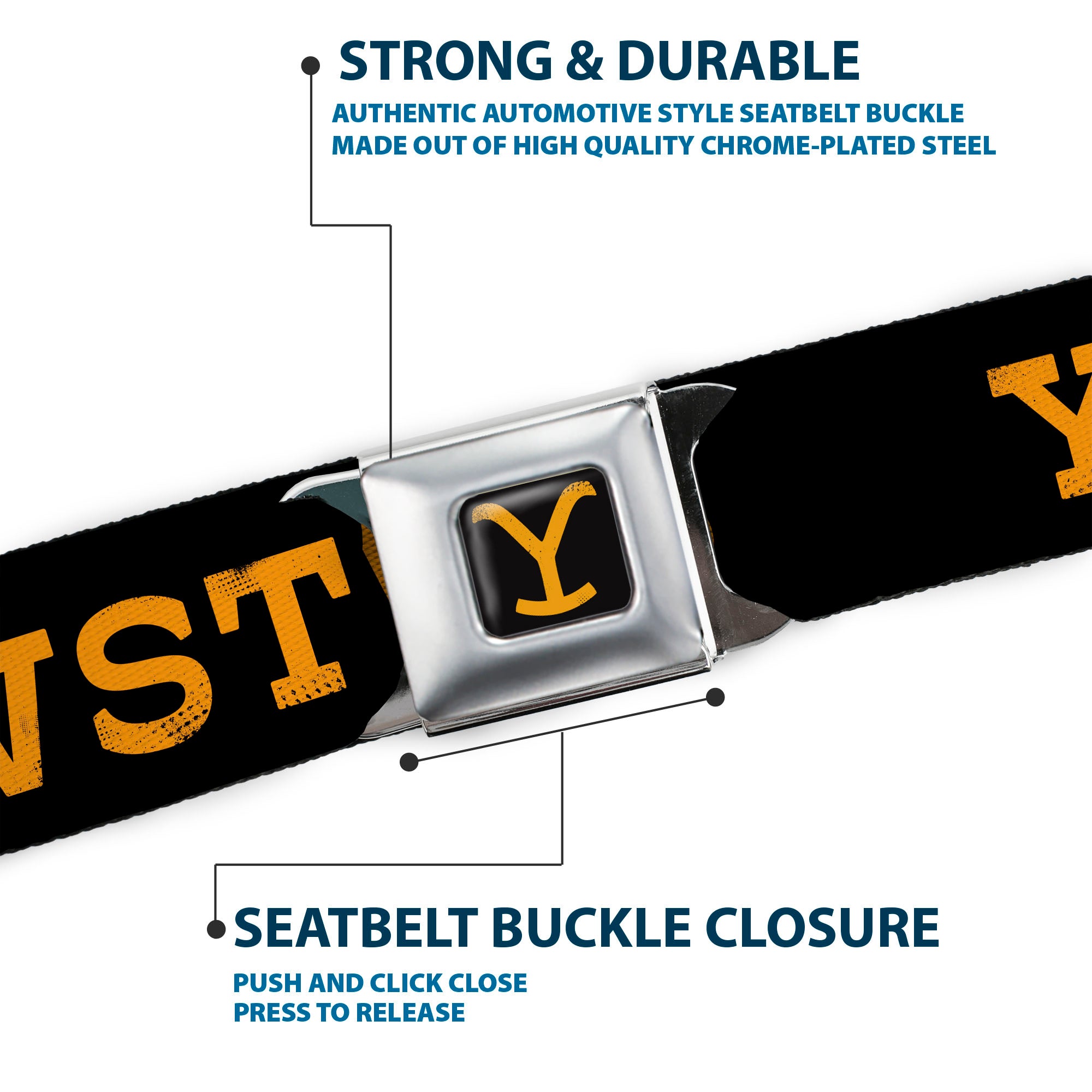 Yellowstone Y Logo Full Color Black/Orange Seatbelt Belt - YELLOWSTONE Text and Y Logo Weathered Black/Orange Webbing Seatbelt Belts Yellowstone