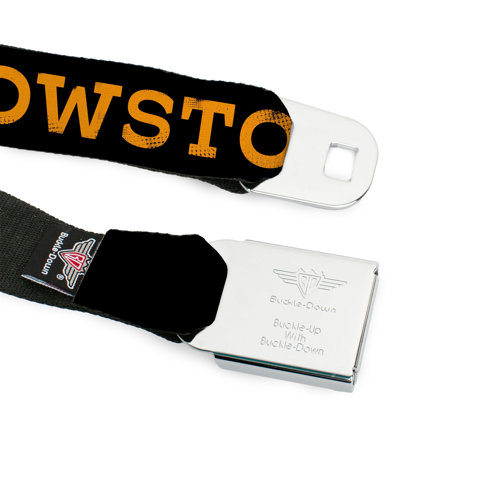 Yellowstone Y Logo Full Color Black/Orange Seatbelt Belt - YELLOWSTONE Text and Y Logo Weathered Black/Orange Webbing Seatbelt Belts Yellowstone