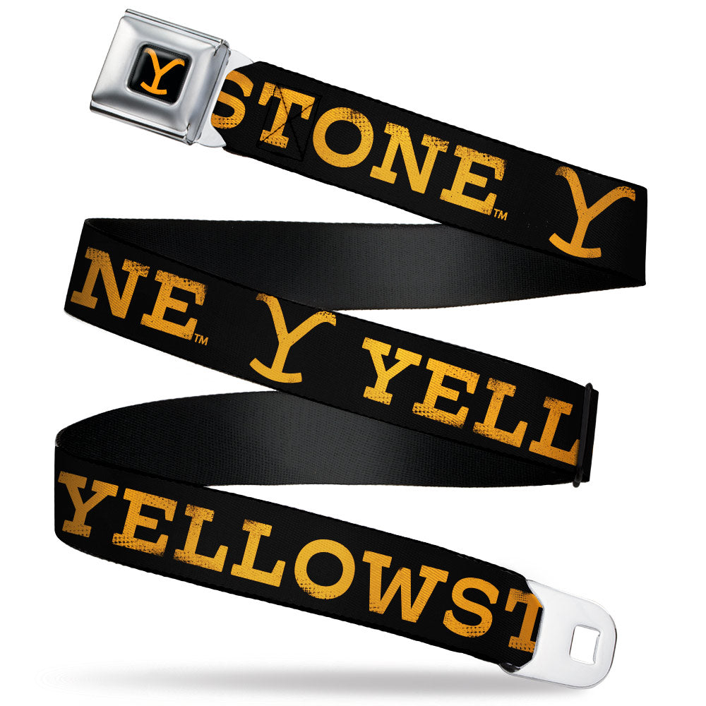 Yellowstone Y Logo Full Color Black/Orange Seatbelt Belt - YELLOWSTONE Text and Y Logo Weathered Black/Orange Webbing Seatbelt Belts Yellowstone