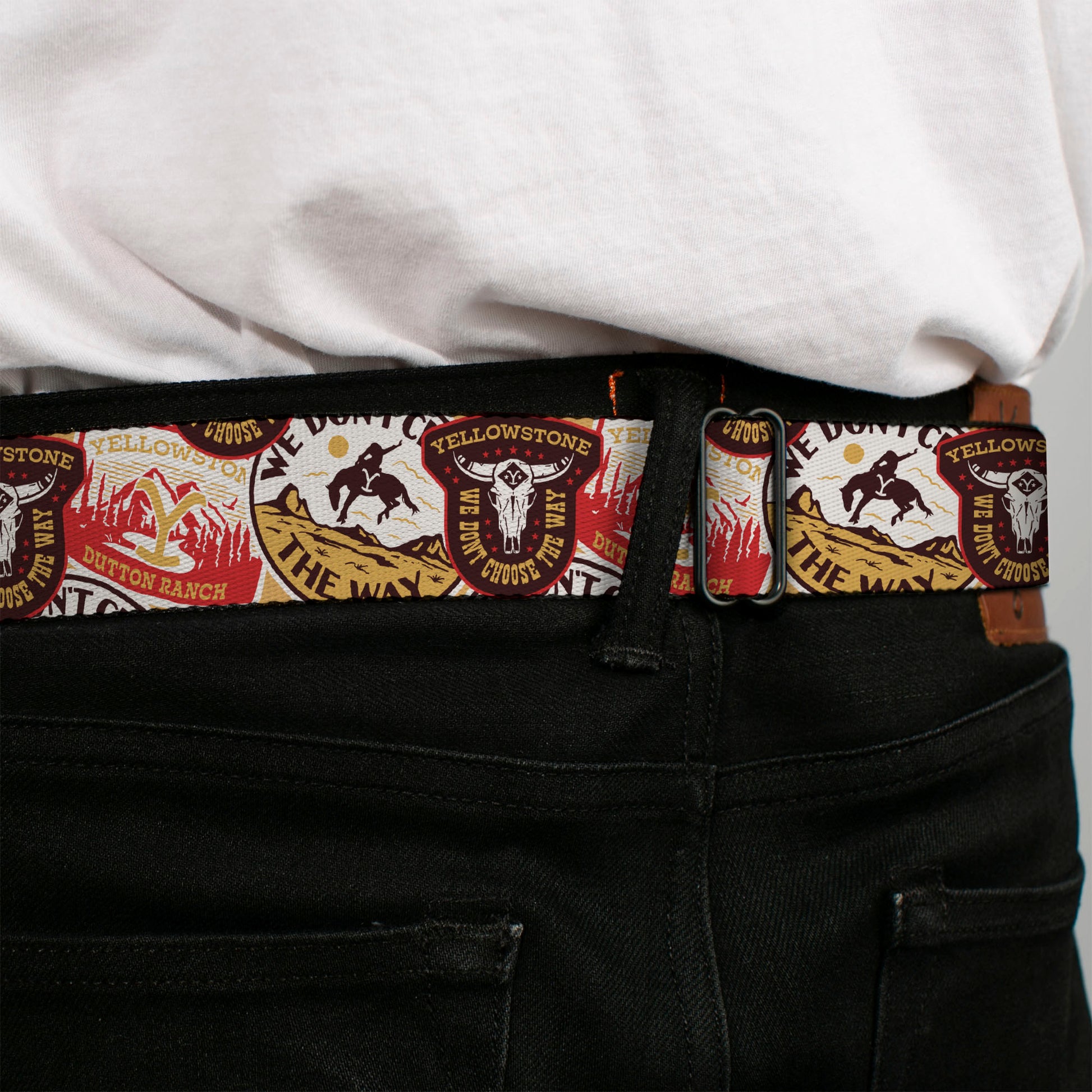 Yellowstone Y Logo Full Color White/Yellow Seatbelt Belt - Yellowstone Patches Stacked Browns/Reds/Yellows Webbing Seatbelt Belts Yellowstone