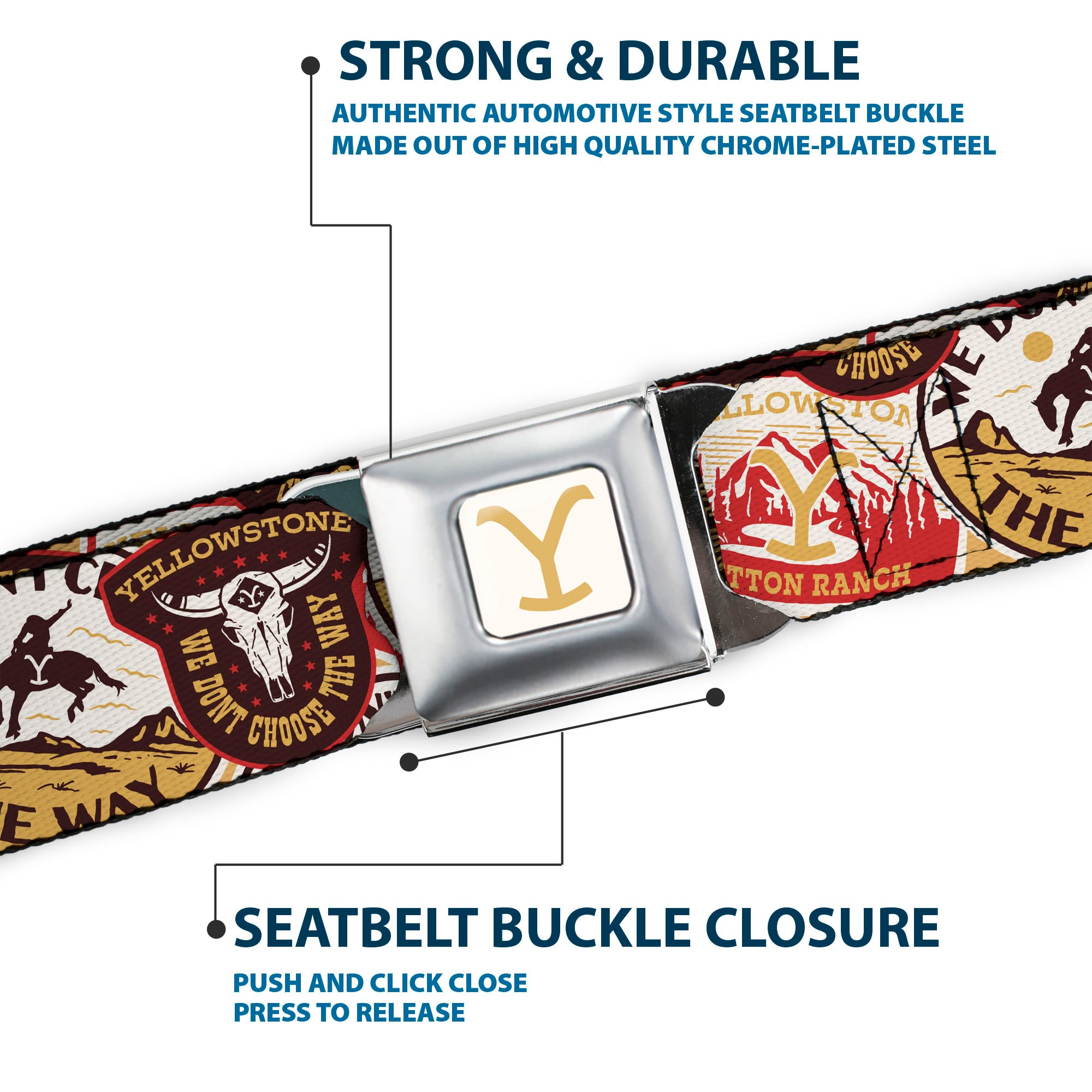 Yellowstone Y Logo Full Color White/Yellow Seatbelt Belt - Yellowstone Patches Stacked Browns/Reds/Yellows Webbing Seatbelt Belts Yellowstone