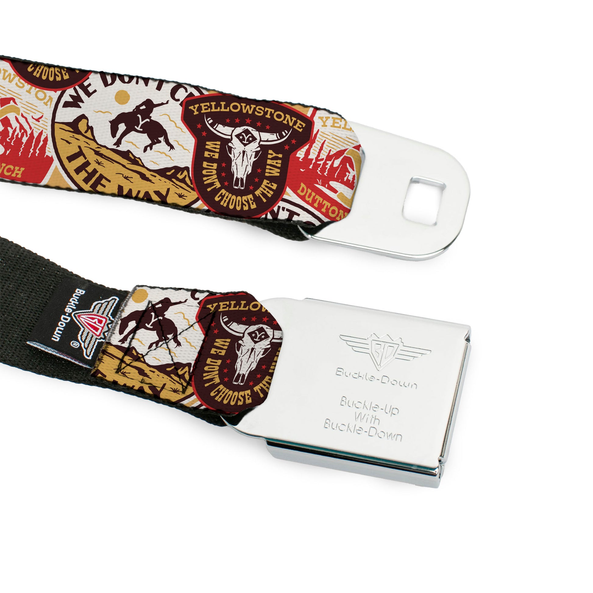 Yellowstone Y Logo Full Color White/Yellow Seatbelt Belt - Yellowstone Patches Stacked Browns/Reds/Yellows Webbing Seatbelt Belts Yellowstone