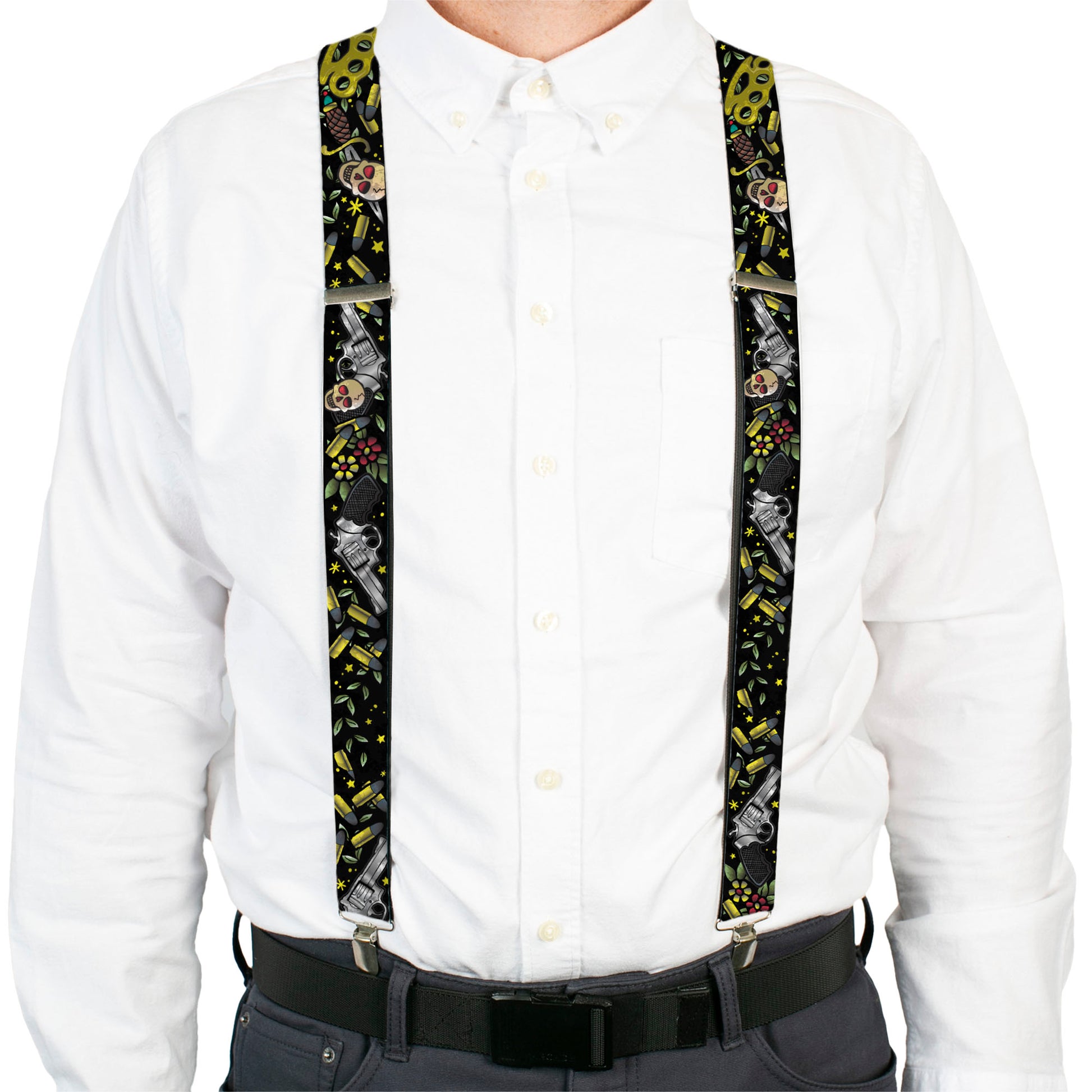 Suspenders - Born to Raise Hell CLOSE-UP Black Suspenders Buckle-Down