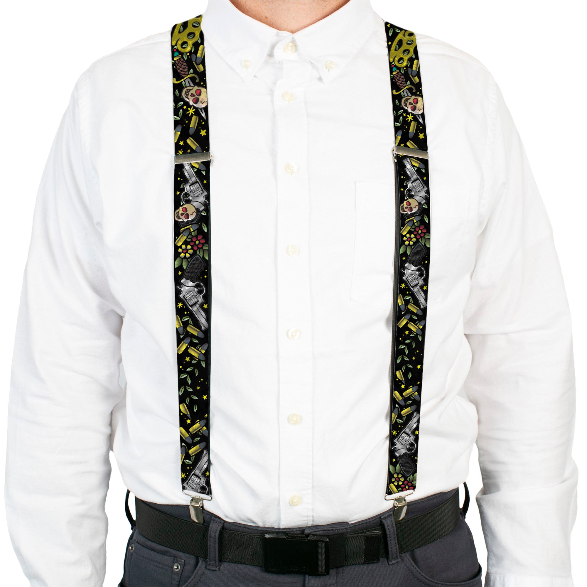 Suspenders - Born to Raise Hell CLOSE-UP Black Suspenders Buckle-Down