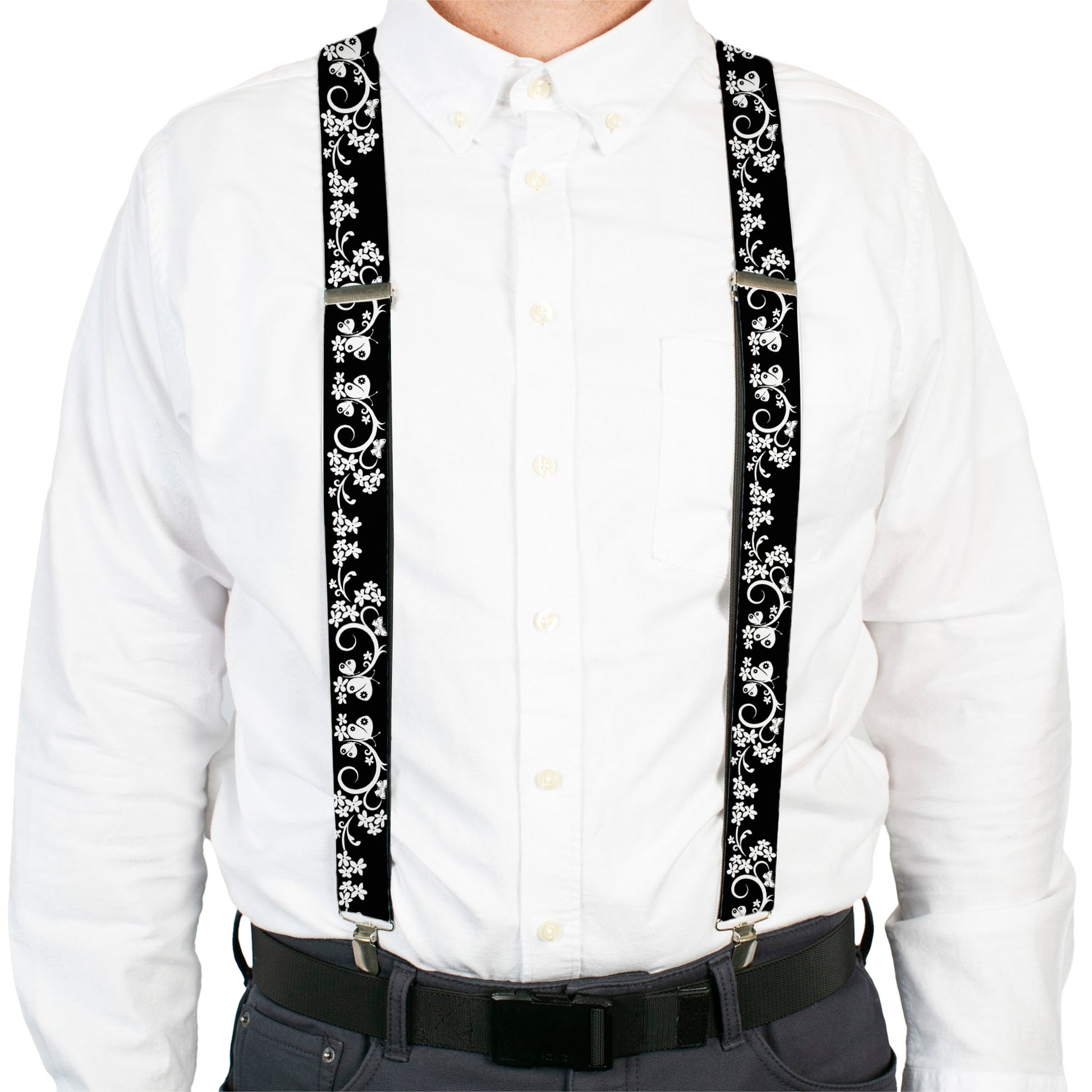Suspenders - Butterfly Garden2 Black/White Suspenders Buckle-Down