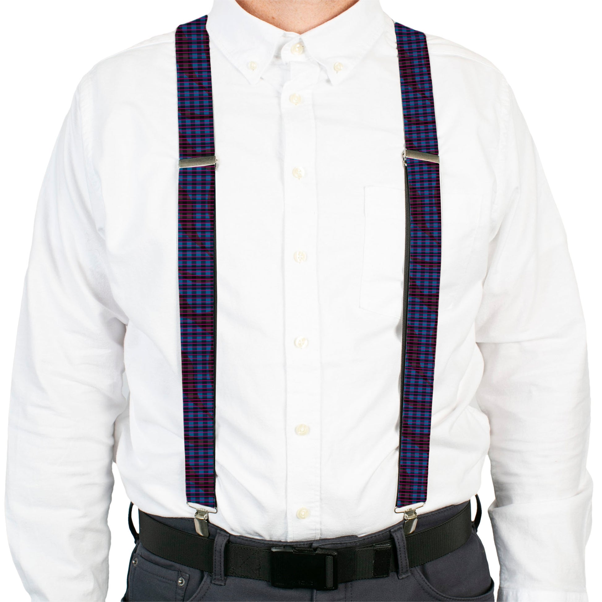 Suspenders - Buffalo Plaid Abstract White/Black/Turquoise Suspenders Buckle-Down