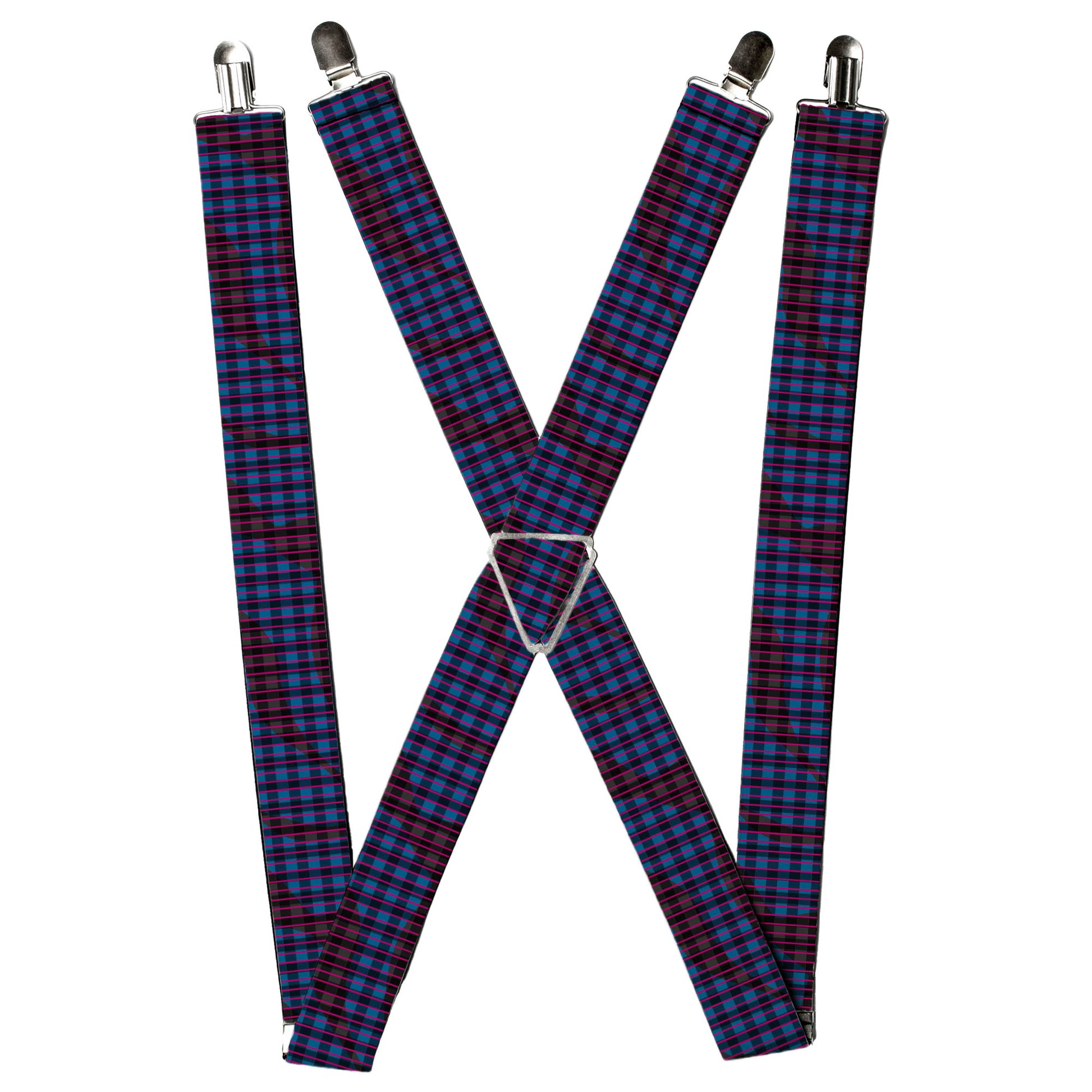 Suspenders - Buffalo Plaid Abstract White/Black/Turquoise Suspenders Buckle-Down