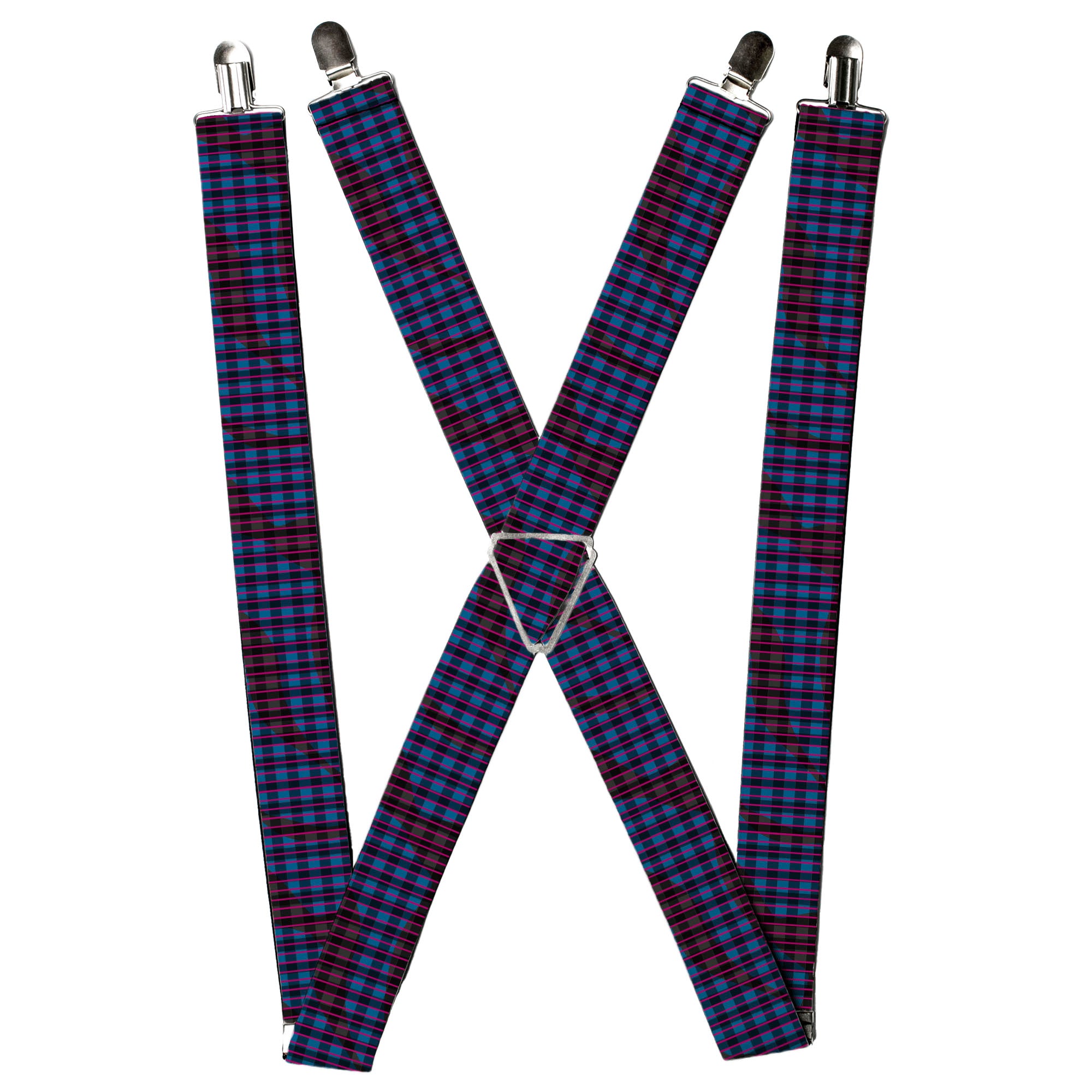 Suspenders - Buffalo Plaid Abstract White/Black/Turquoise Suspenders Buckle-Down