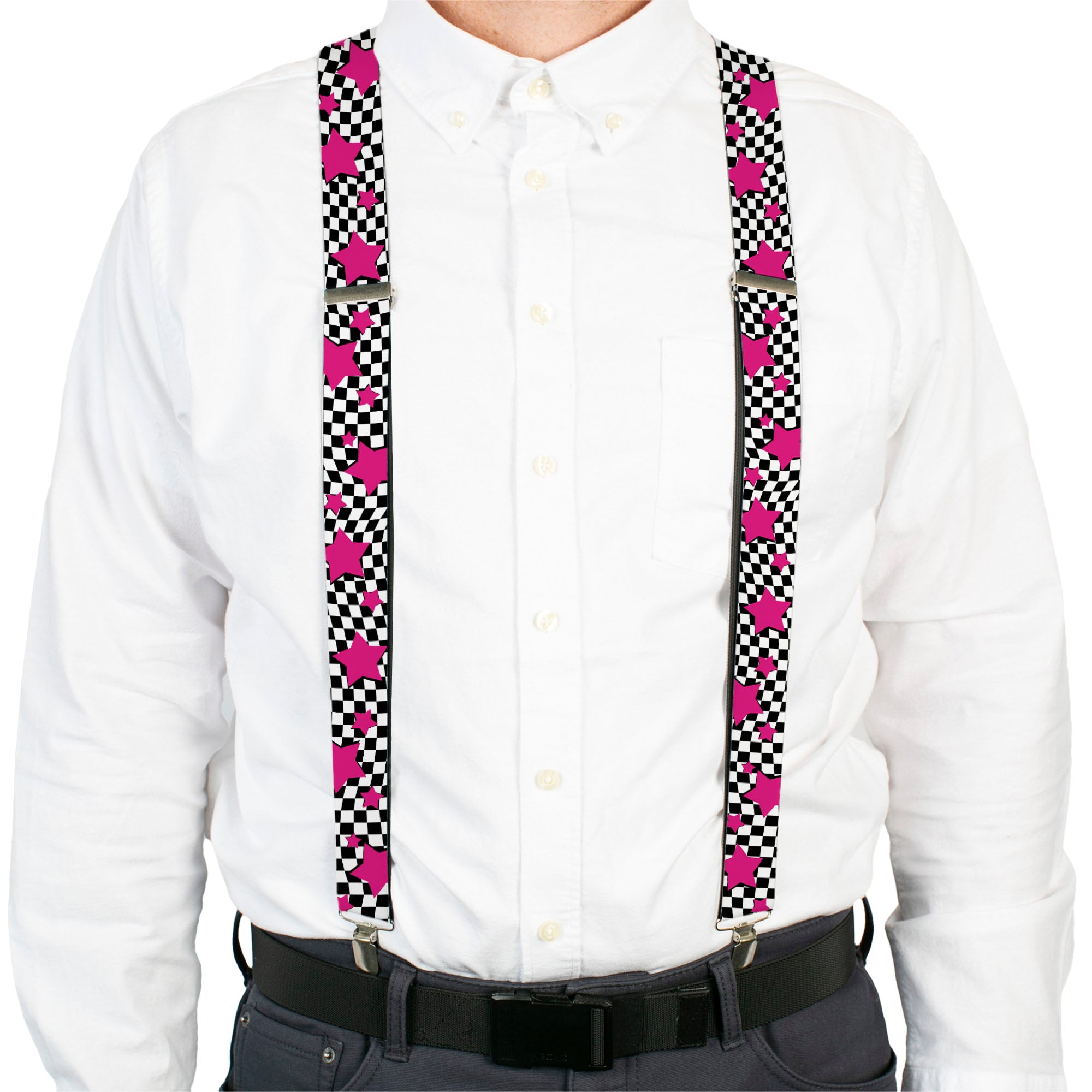 Suspenders - Checker & Stars Black/White/Pink Suspenders Buckle-Down