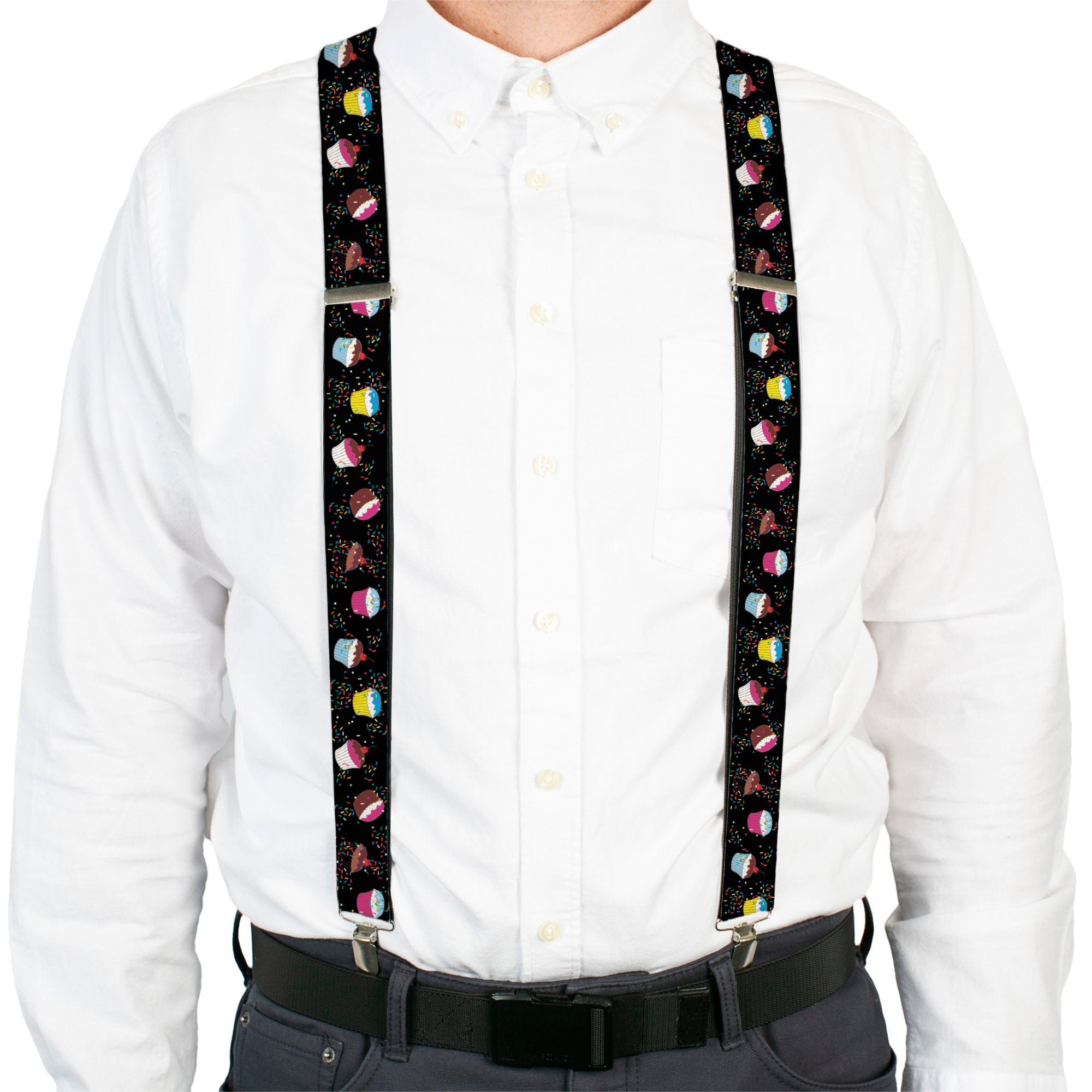 Suspenders - Cupcake Sprinkles Black/Multi Color Suspenders Buckle-Down